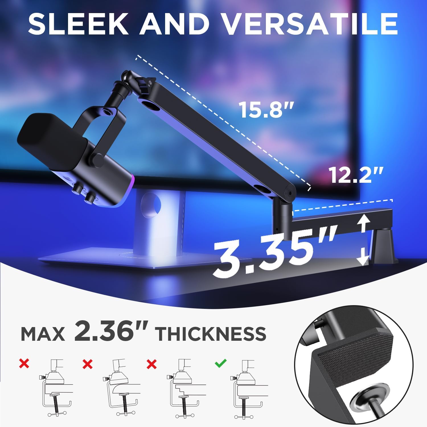 InnoGear (LP98) Microphone Boom Arm, 360° Rotatable Low Profile Mic Stand with Magnetic Cable Management Desk Mount for Fifine AM8 K669B Blue Yeti HyperX QuadCast SoloCast AT2020, Black - ستاند للمايك أحترافي