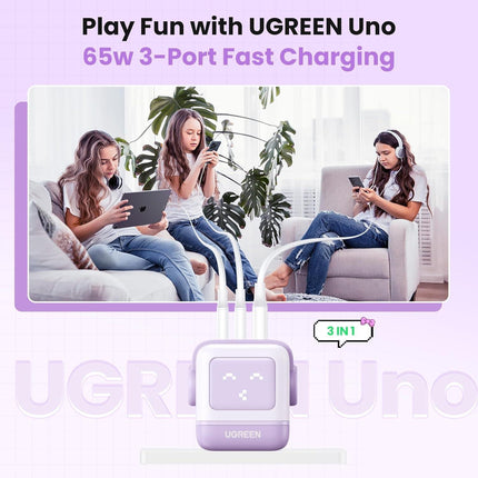 UGREEN Robot Charger 65W USB C Charger Nexode 3-Port Robot GaN Charger Compact Fast - Purple -  شاحن ذكي مع شاشه