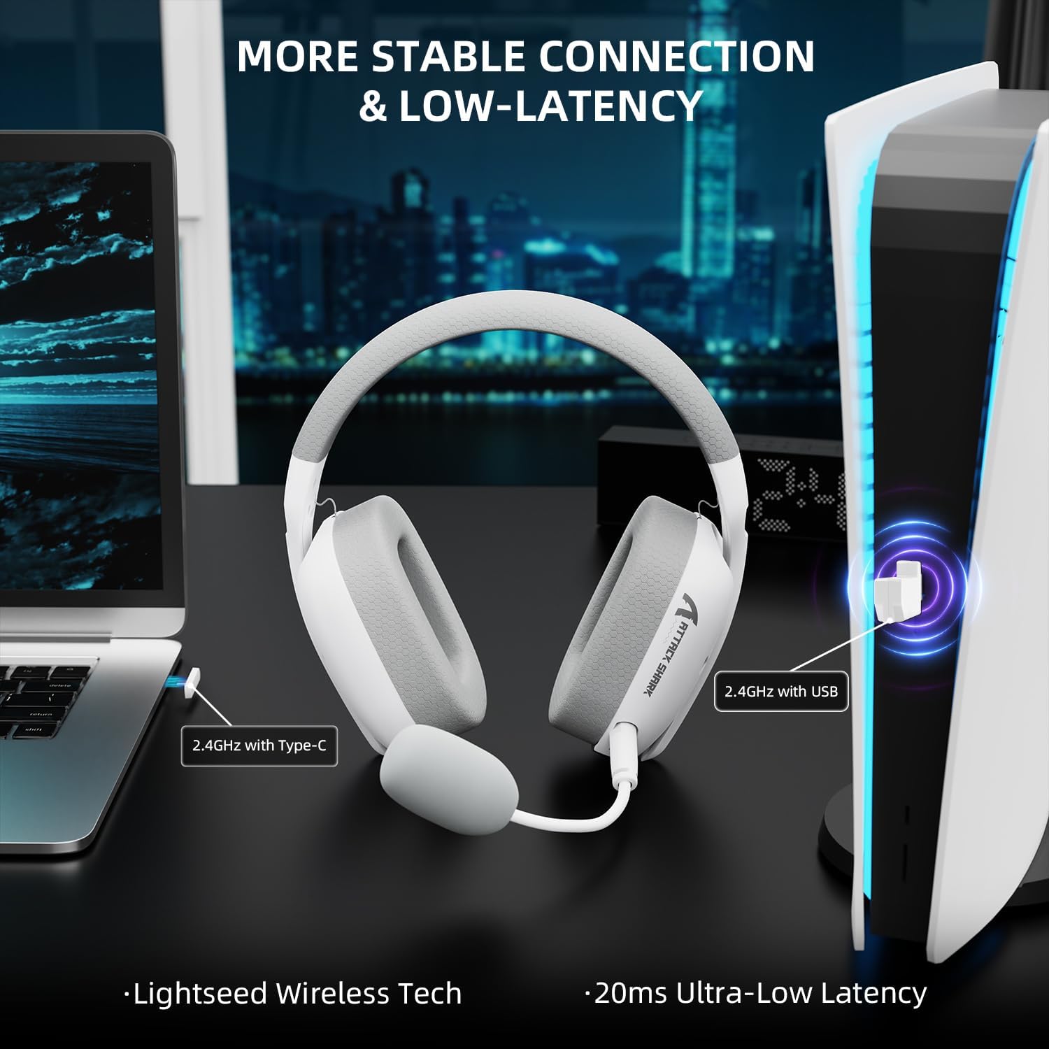 ATTACK SHARK L80PRO Wireless Gaming Headset Lightseed Tech- Built-in&Detachable Dual Microphone-Lightweight Headphone with Tri-Mode(2.4GHz USB C&A Dongle/BT/Wired)-for PC Mac Switch Win-White - سماعة قيمنق وايرليس
