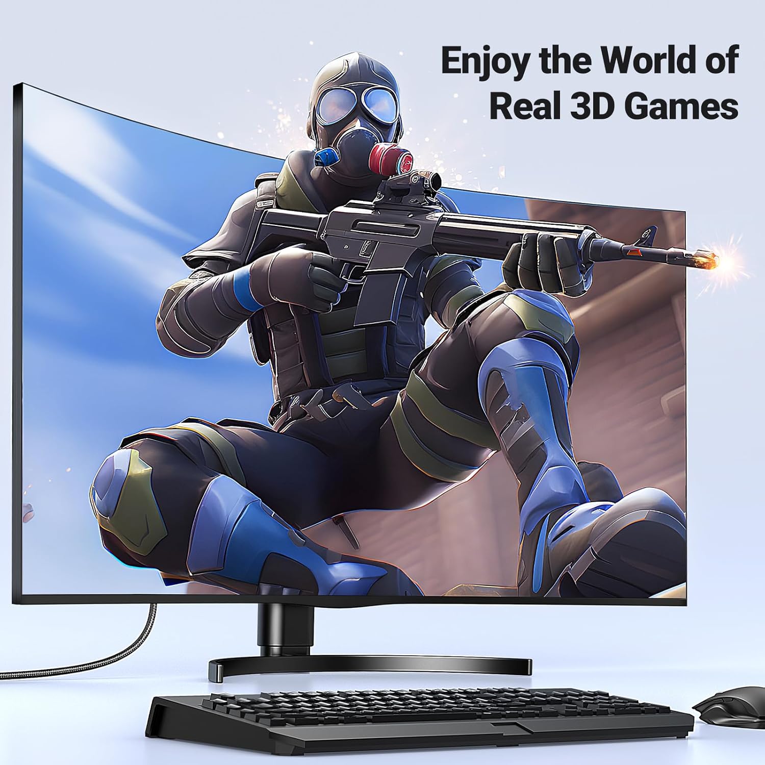 Gaming monitor displaying 3D shooter game with keyboard and mouse setup for immersive PC gaming experience