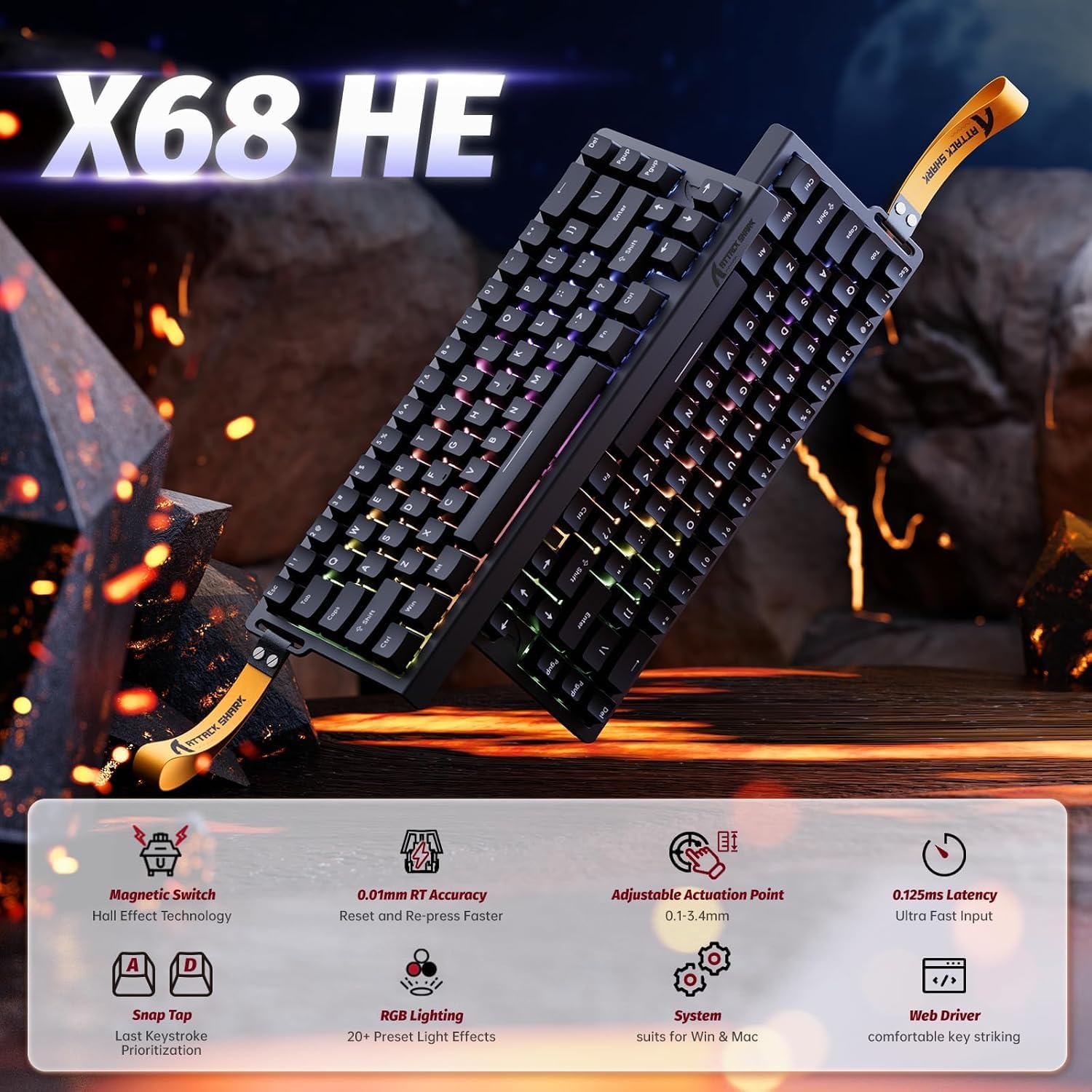 ATTACK SHARK X68 HE Rapid Trigger 60% Keyboard Magnetic Switch Black - كيبورد مغناطيسي
