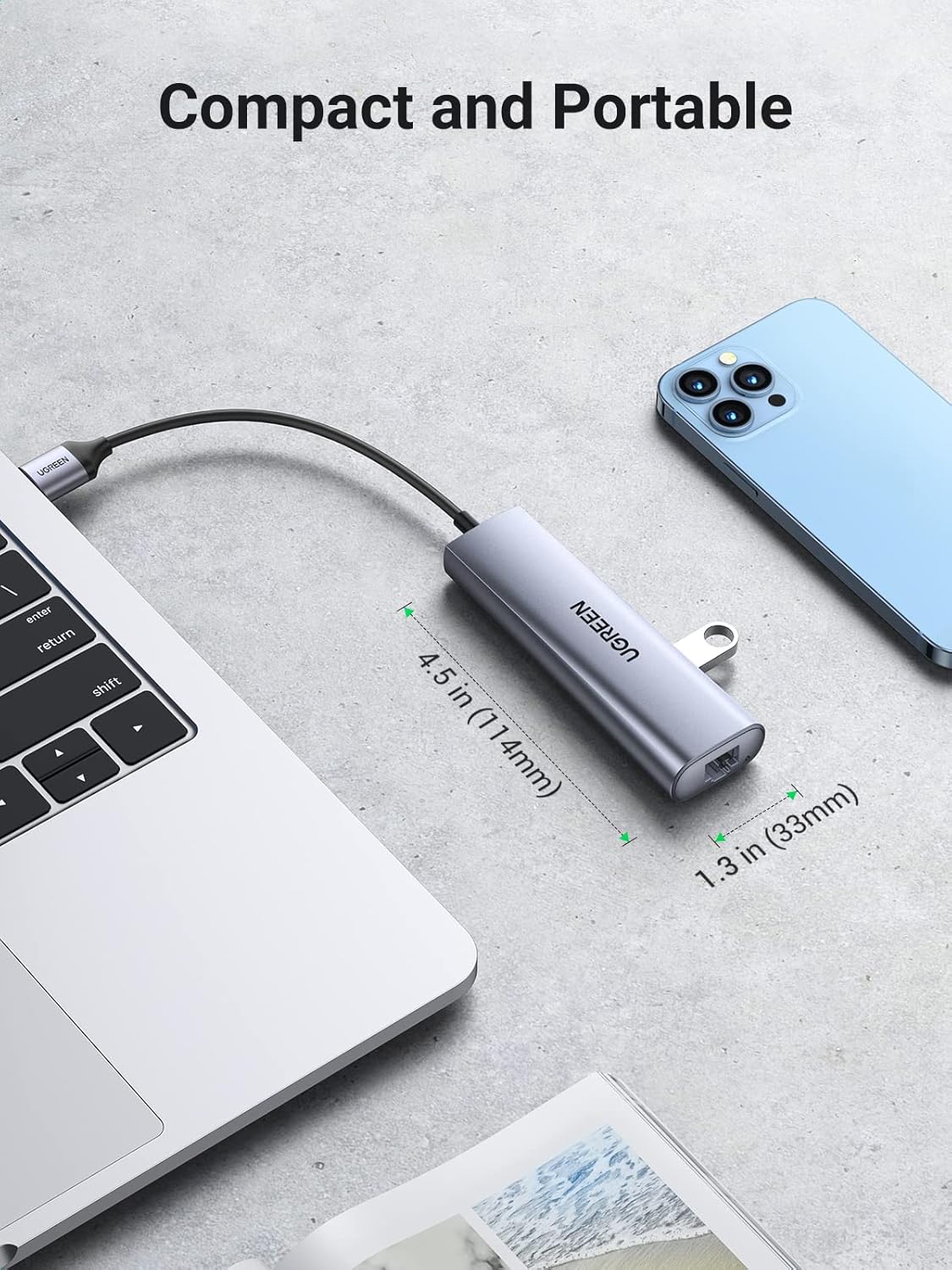 Ugreen 60812 5-in-1 USB 3.0 1000 Mbps Gigabit Multifunction Adapter, 20 cm Size, Gray-محول يوغرين متعدد الوظائف