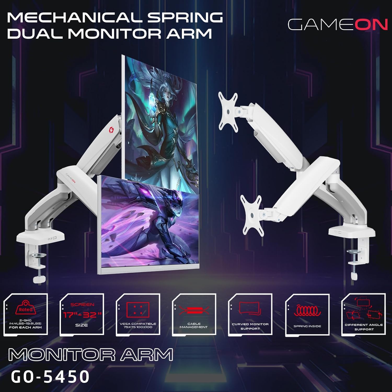 GAMEON GO-5450 Mechanical Spring Monitor Dual Arm, 360 Degree Rotation, 17