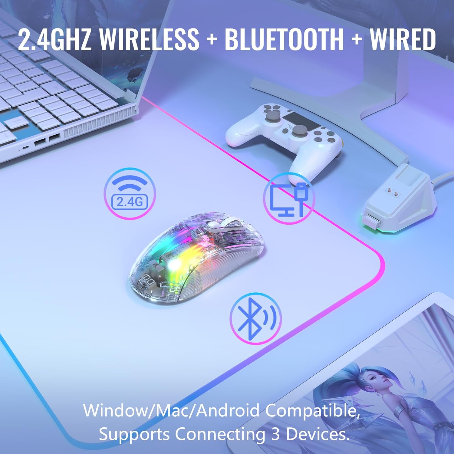 ATTACK SHARK X2 Pro Wireless Gaming Mouse with RGB Charging Dock,Tri-Mode PC Gaming Mice 2.4G/Bluetooth/Wired,Noiseless Mouse RGB Backlit,Transparent Shell,PixArt 3212 4000 DPI,for Win/MAC,White - ماوس قيمنق لاسلكي