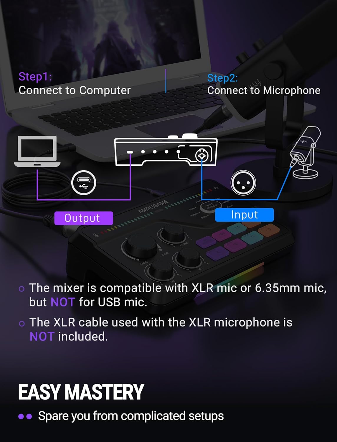 FIFINE AmpliGame SC8 Gaming Audio Mixer with RGB for PC and PS4, Black - مكسر صوت