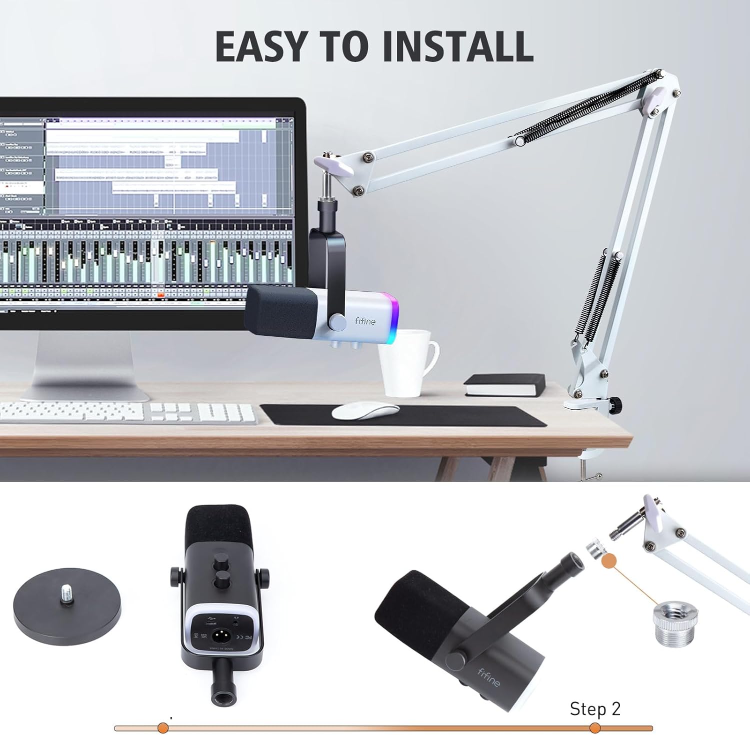 FIFINE XLR/USB Gaming Microphone Set, Dynamic PC Mic for Streaming Podcasting, Computer RGB Mic Kit with Boom Arm Stand, Mute Button, Headphones Jack, for Recording Vocal Voice-Over-AmpliGame AM8T - White - مايك مع ستاند أبيض