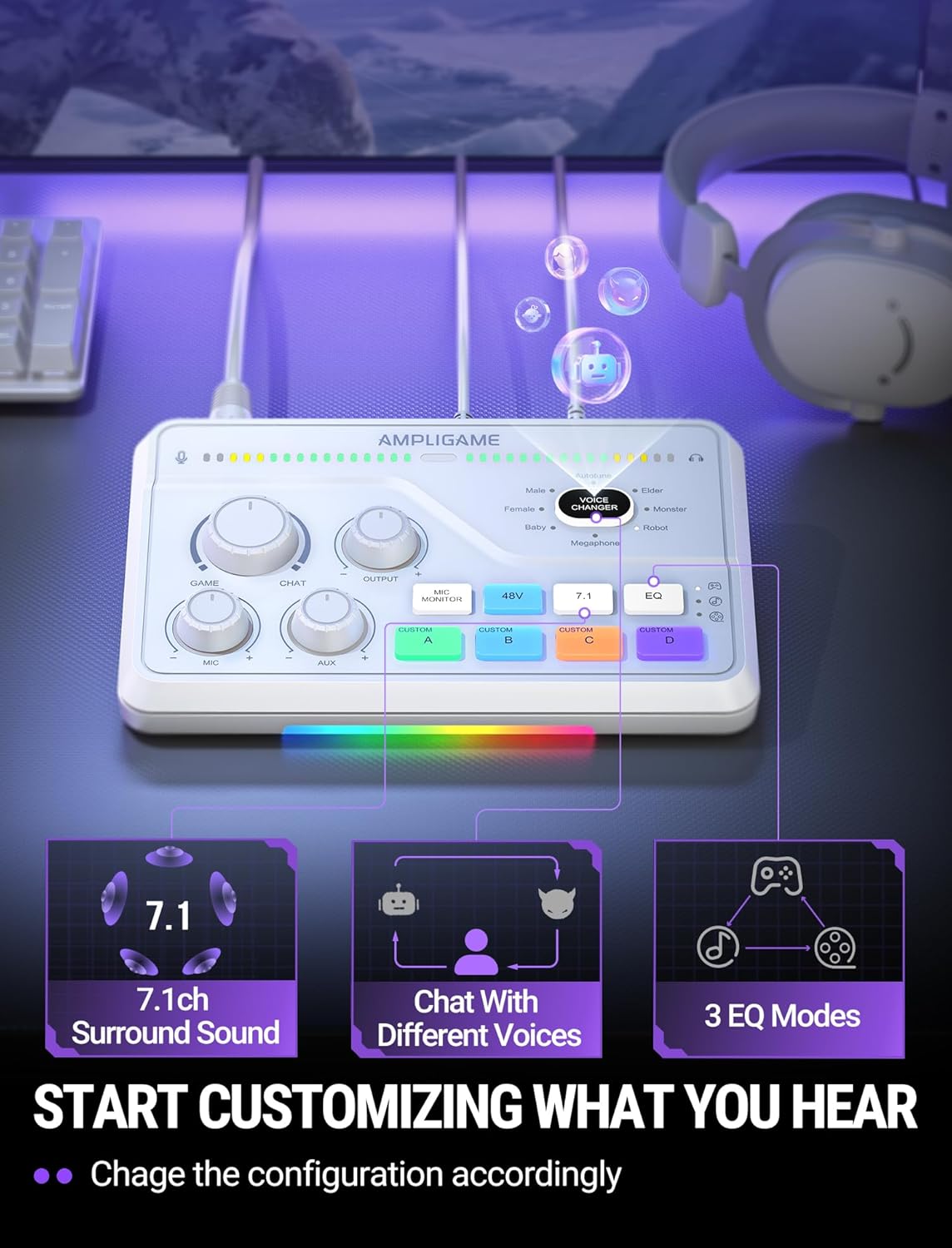 FIFINE AmpliGame SC8 Gaming Audio Mixer with RGB for PC and PS4, White - مكسر صوت