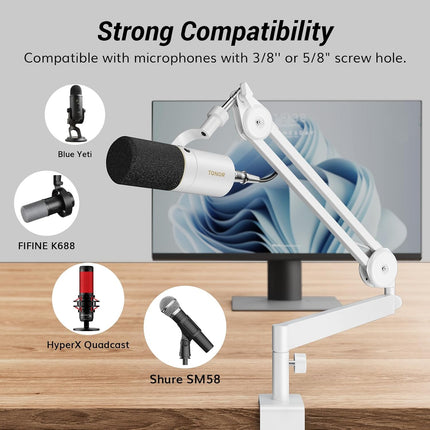 TONOR Microphone Boom Arm, Low Profile Mic Arm, Fully Adjustable Mic Stand with Desk Mount Clamp,Screw Adapter, Cable Management, for Streaming Gaming Podcast Studio Recording Home Office T40LP White - ستاند للمايك