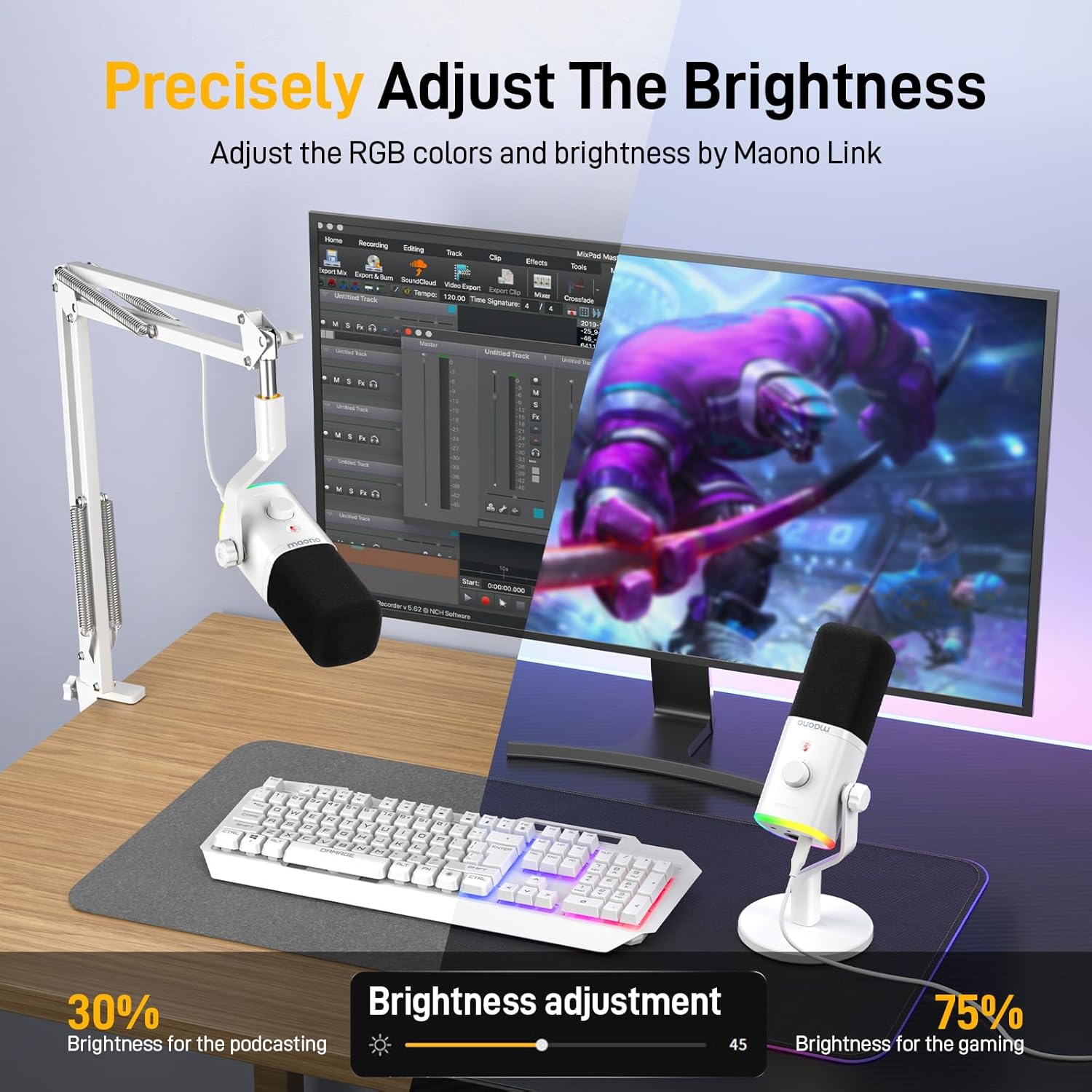 MAONO Dynamic Gaming Microphone: USB XLR Dynamic Computer Microphone with Software-RGB PC Mic for Gamer-Podcast Mic for Streaming Recording Studio YouTube Content Creation Online Chat PD100X (White) - مايك أبيض