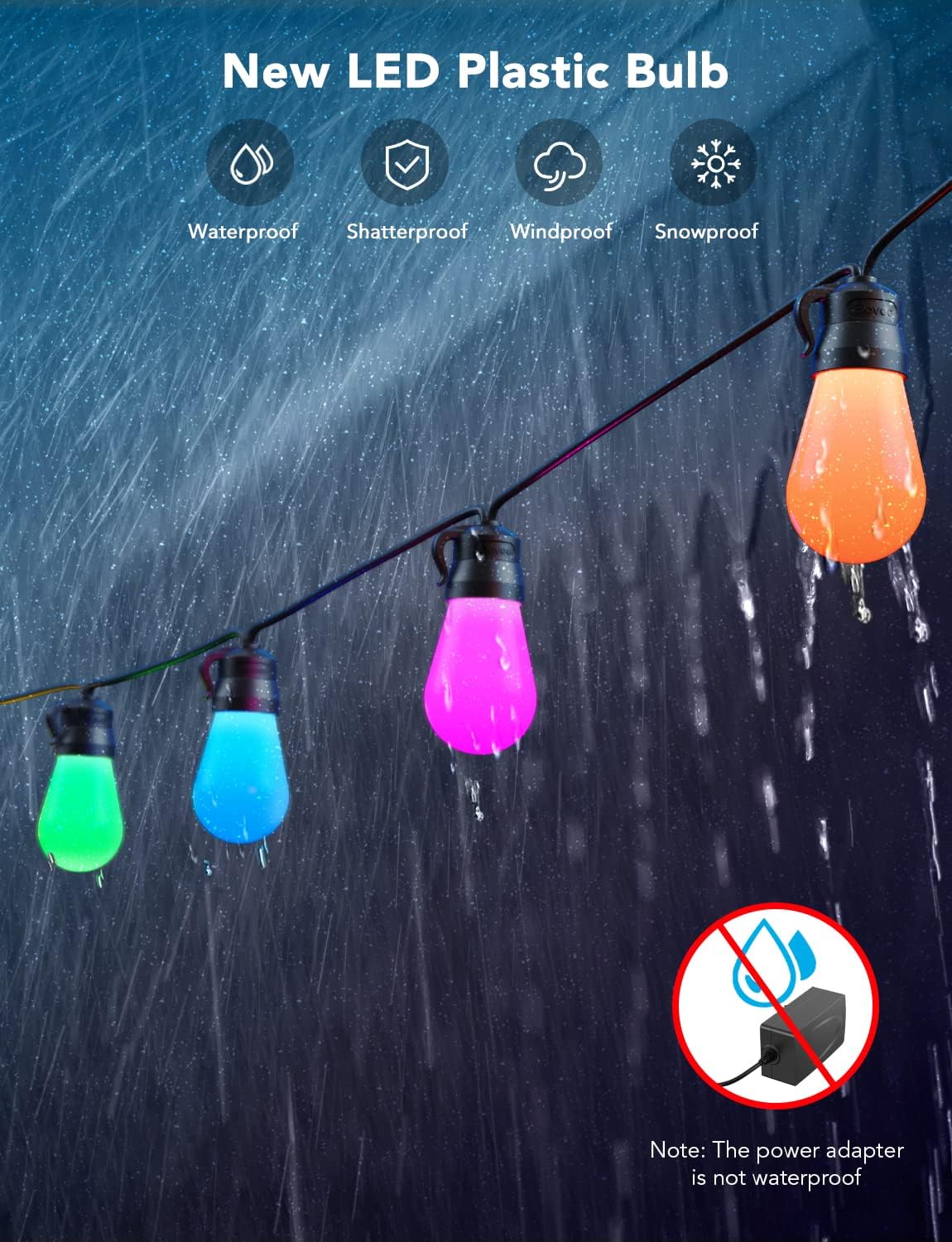 Govee Smart Outdoor RGBIC S14 String Lights 48ft/15M  – Wi-Fi & Bluetooth Patio Lights (IP65 Waterproof, 47 Scene Modes) - مصابيح أر جي بي