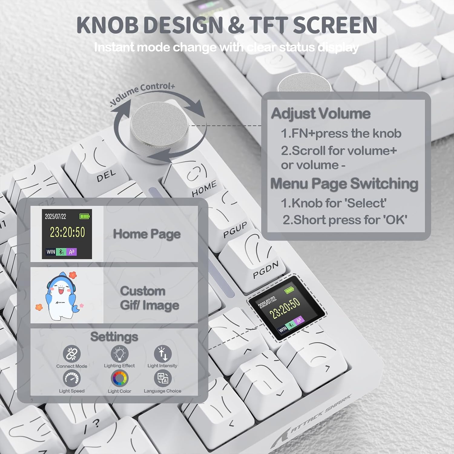 ATTACK SHARK X820Ultra Tri-mode Wireless Gasket Mechanical Keyboard with Smart Display White Contour & Shark Switch - كيبورد ميكانيكي أبيض