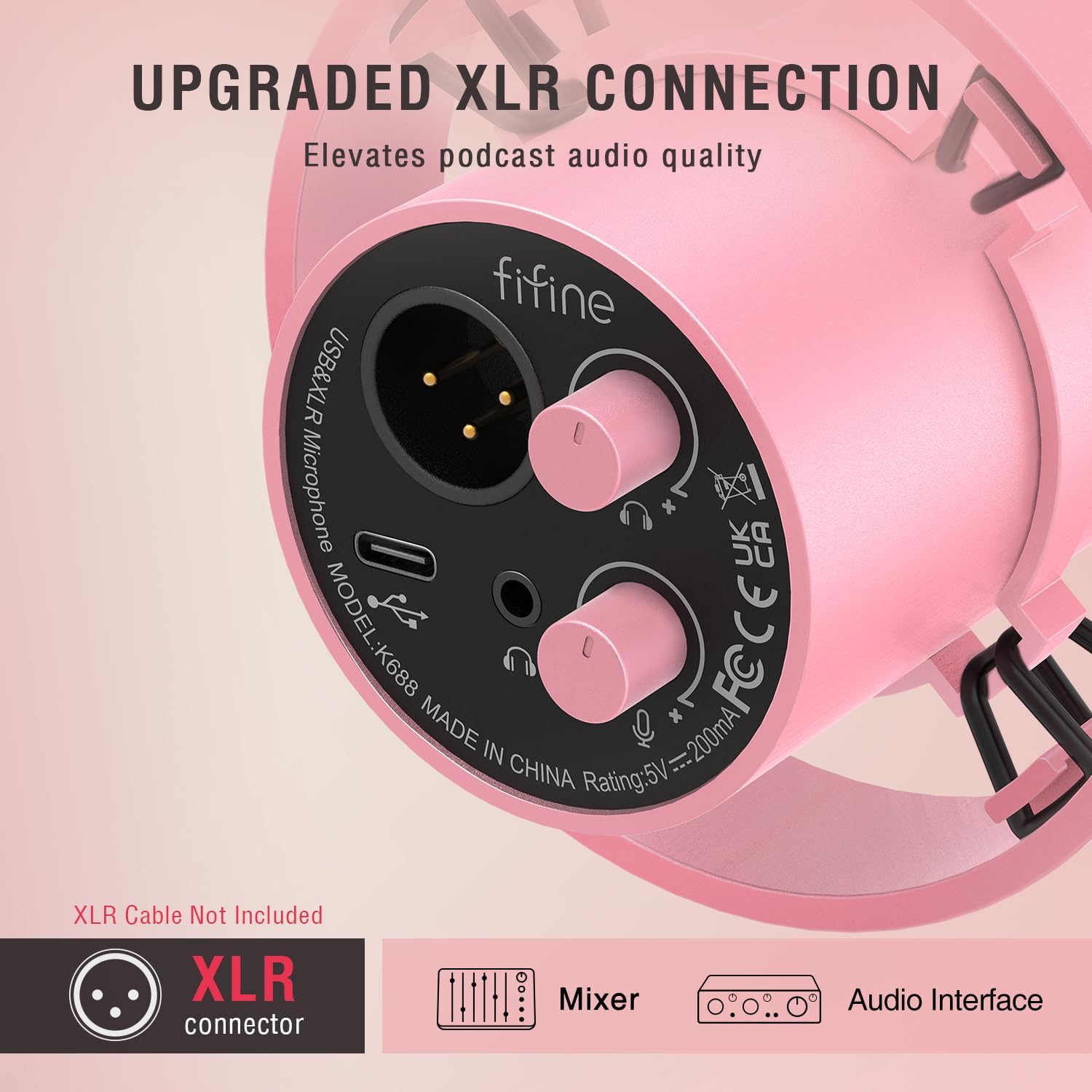 FIFINE XLR/USB Dynamic Microphone, Studio XLR Vocal Podcast Microphone for Recording, USB Streaming Mic with Mute Button, Gain Knob, Headphones Monitoring for Voice-Over, Video-Amplitank K688 Pink - مايك وردي