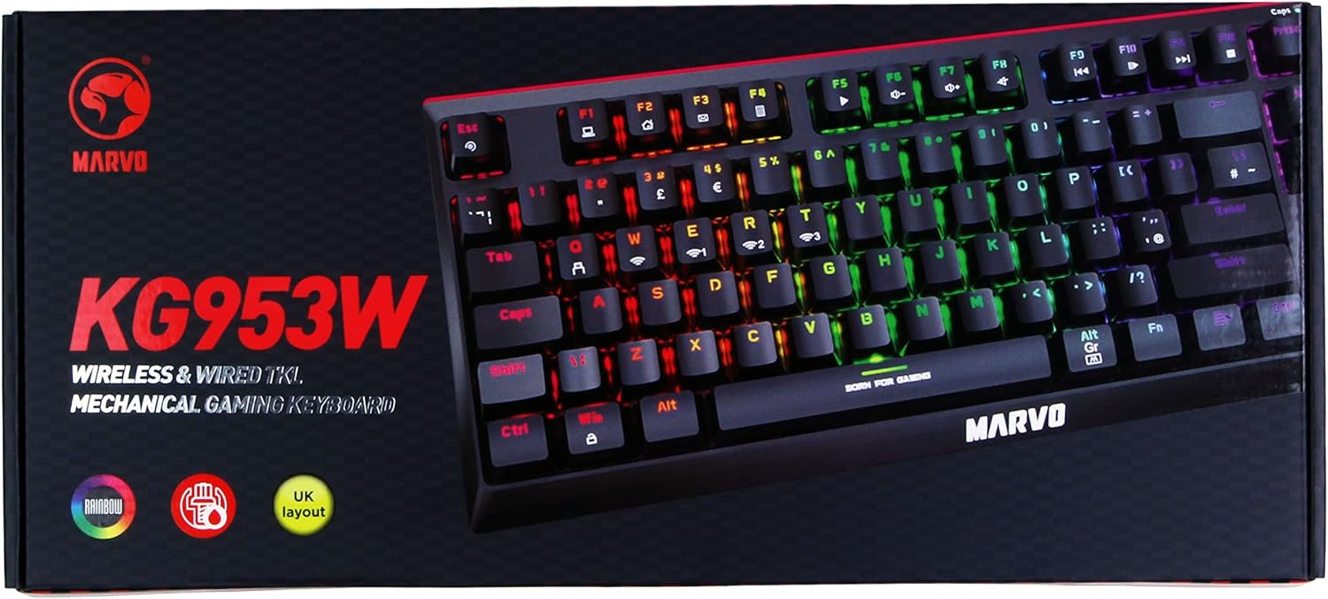 Marvo KG953W (Red Switch) 80% Wired & Wireless Modes Mechanical Gaming Keyboard Black - كيبورد وايرليس ميكانيكي