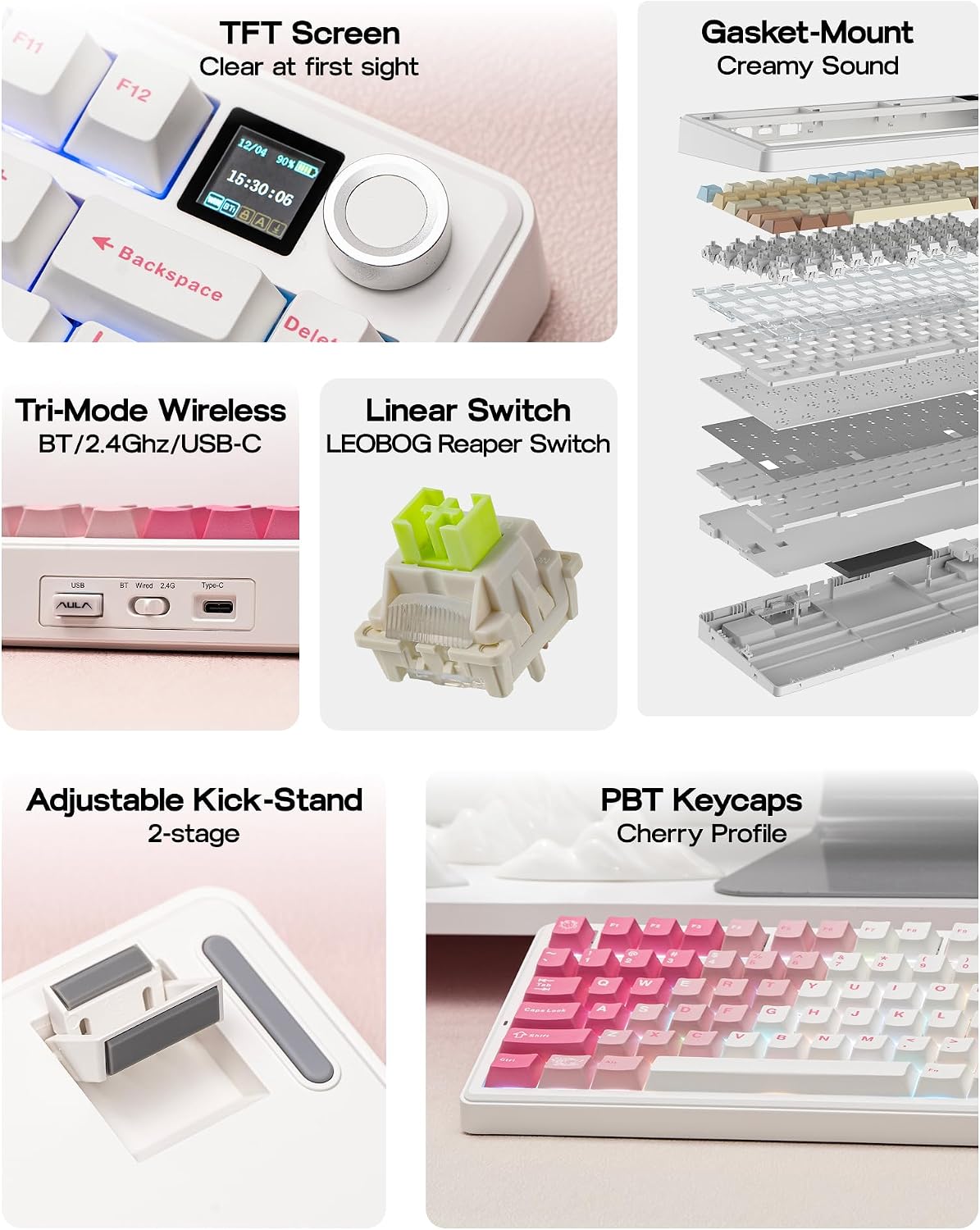 EPOMAKER x AULA F75 MAX Wireless Mechanical Keyboard (White-Pink) – 75% Gasket Mount, Tri-Mode, Hot-Swappable & RGB Knob - كيبورد ميكانيكي مع شاشة