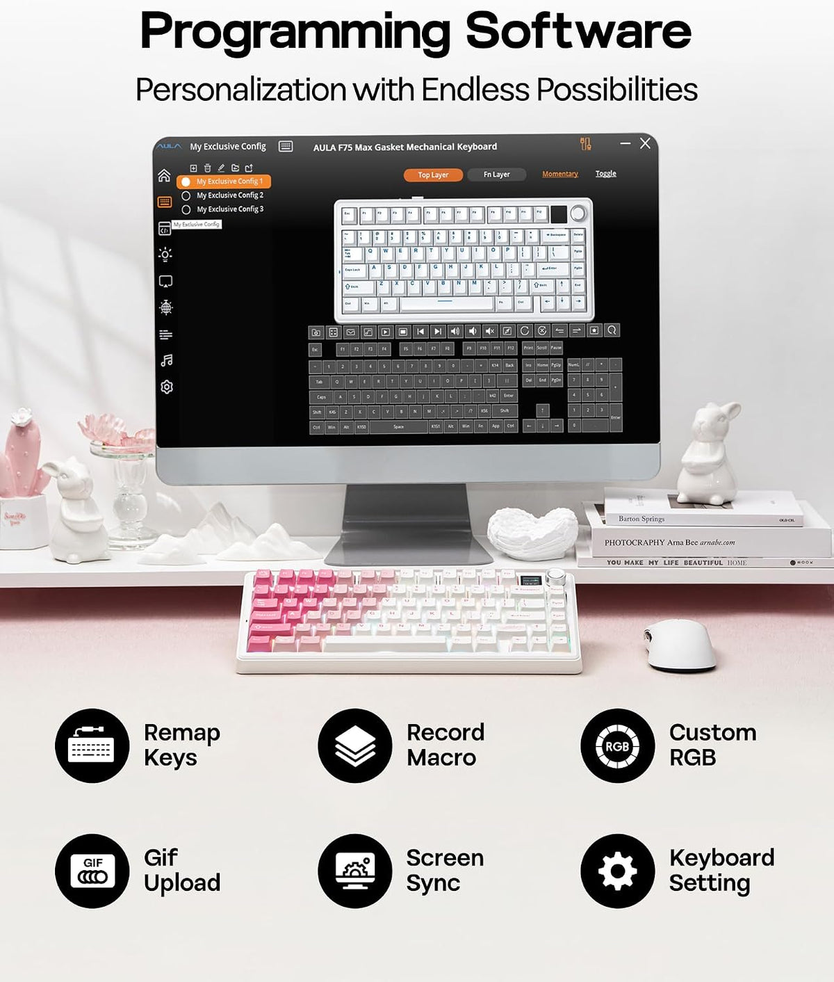 EPOMAKER x AULA F75 MAX Wireless Mechanical Keyboard (White-Pink) – 75% Gasket Mount, Tri-Mode, Hot-Swappable & RGB Knob - كيبورد ميكانيكي مع شاشة