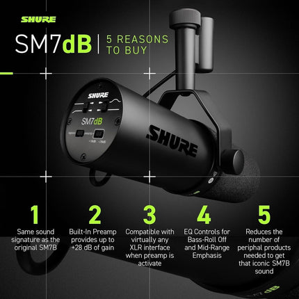 ميكروفون صوتي ديناميكي SM7dB من Shure مع مضخم صوت مدمج للبث والبودكاست والتسجيل - ميكروفون كس 