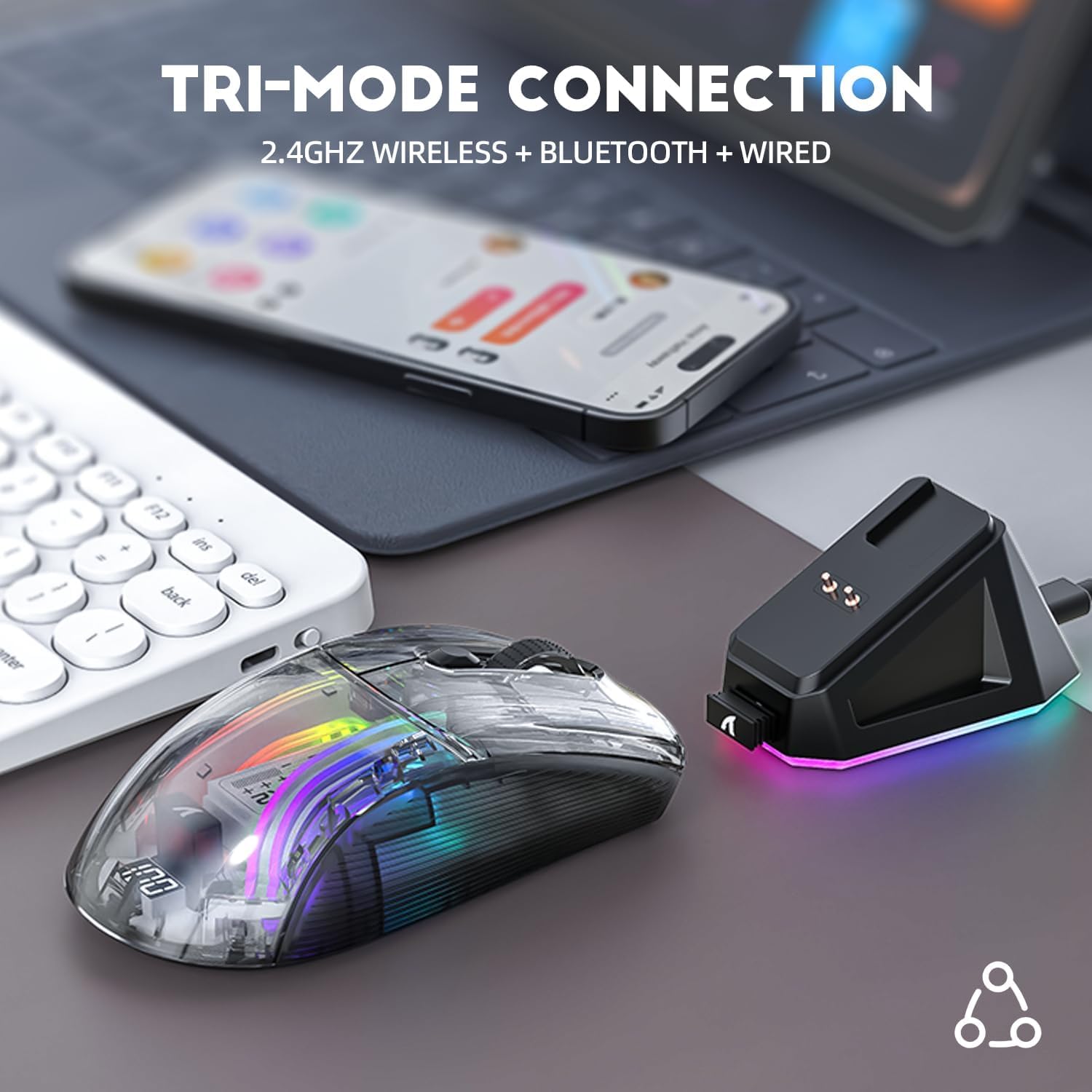 ATTACK SHARK X2 Pro Wireless Gaming Mouse with RGB Charging Dock,Tri-Mode PC Gaming Mice 2.4G/Bluetooth/Wired,Noiseless Mouse RGB Backlit,Transparent Shell,PixArt 3212 4000 DPI,for Win/MAC,White - ماوس قيمنق لاسلكي