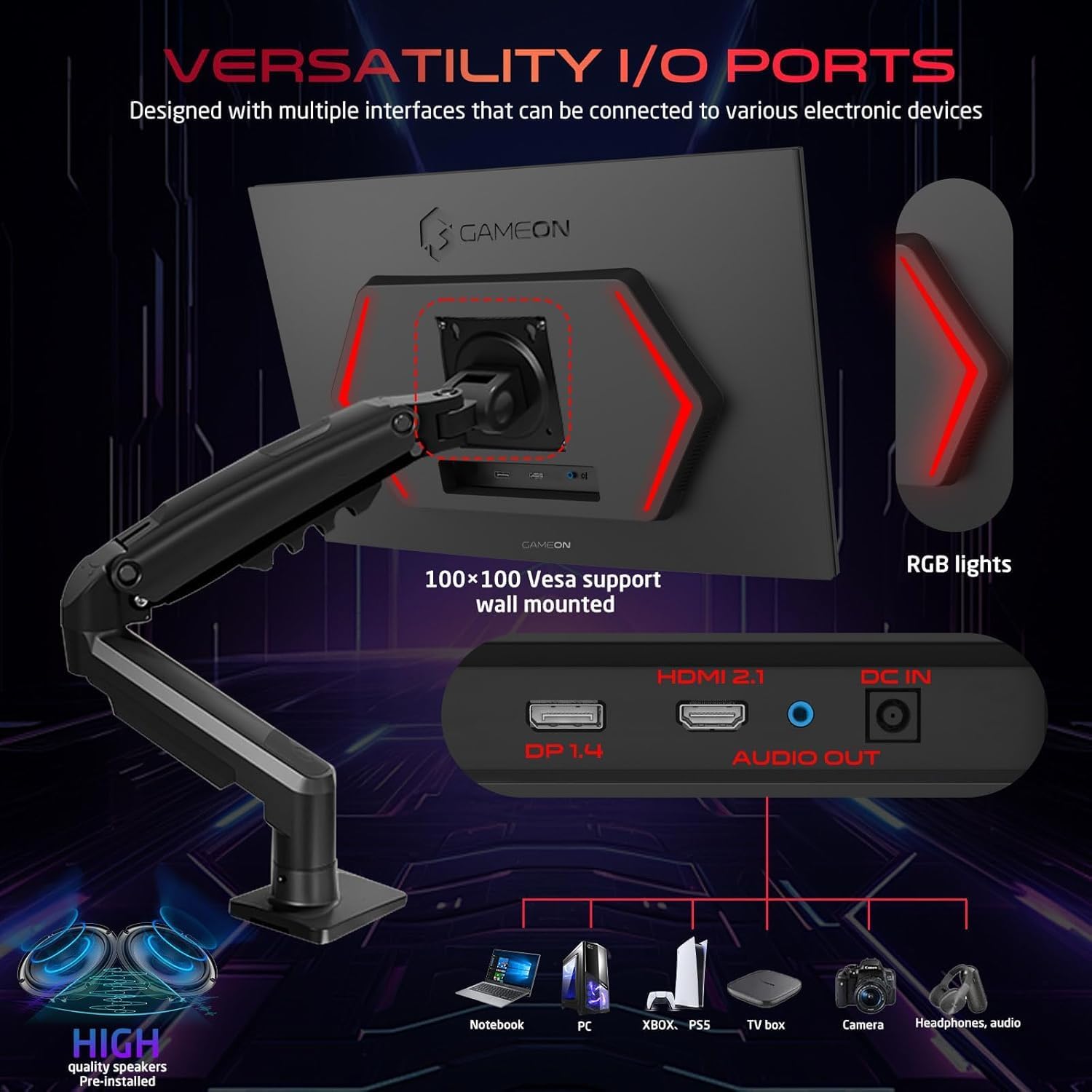 GAMEON GOM27FHD190IPSX Midnight Pro X series Monitor 27 inch, FHD Fast IPS, 190Hz, 0.5ms, 2.1 HDMI, With stand, Freesync & Gsync, Supports HDR, PS5, VRR - شاشة قيمنق مع ستاند