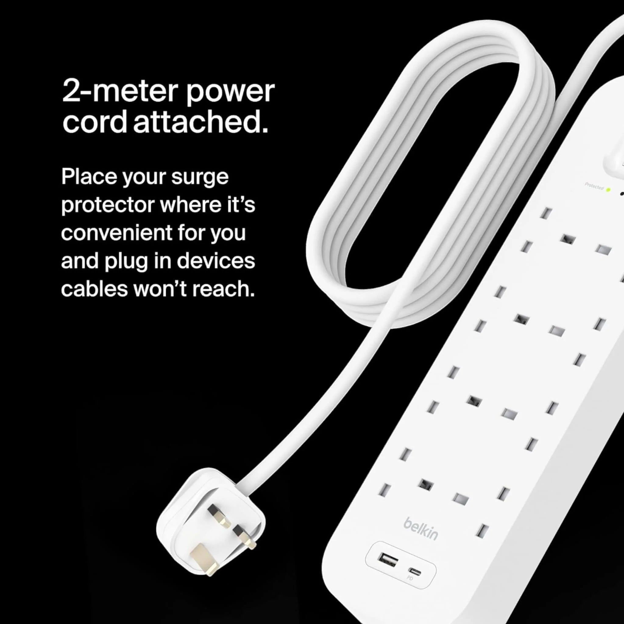 Belkin 8-Outlet Surge Protector 18W USB-A & USB-C Ports - 2m Cord Power Extension - White - موزع كهربه 10 في 1 مع نضام أمان