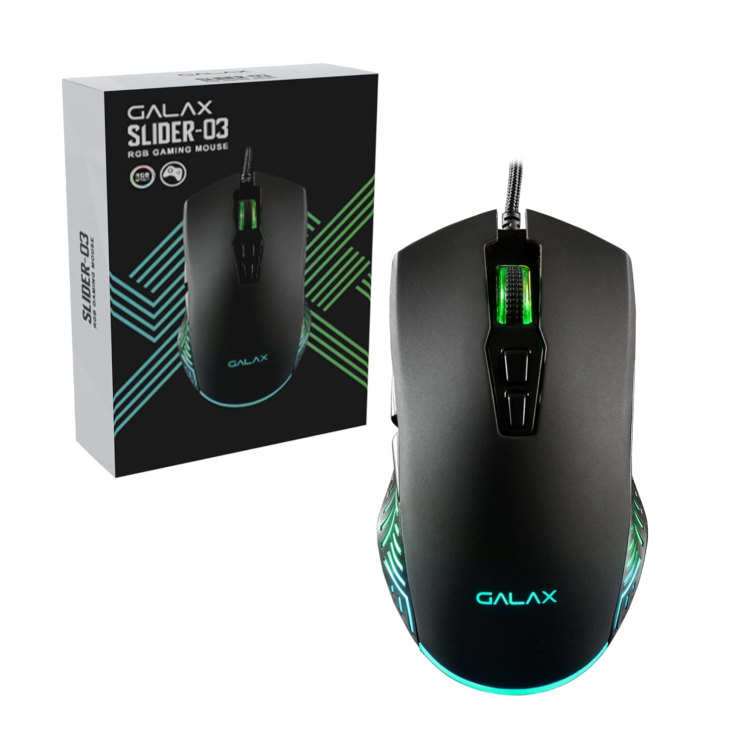 Galax Slider-03 USB Wired Gaming Mouse RGB, 7 Programmable Buttons, 7200 DPI, Light Weight - Black - موس ألعاب
