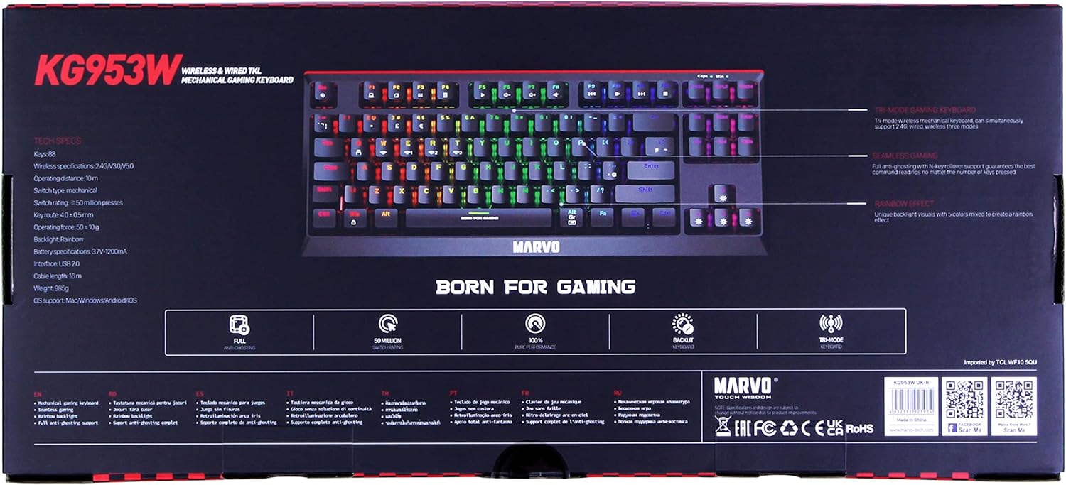 Marvo KG953W (Red Switch) 80% Wired & Wireless Modes Mechanical Gaming Keyboard Black - كيبورد وايرليس ميكانيكي