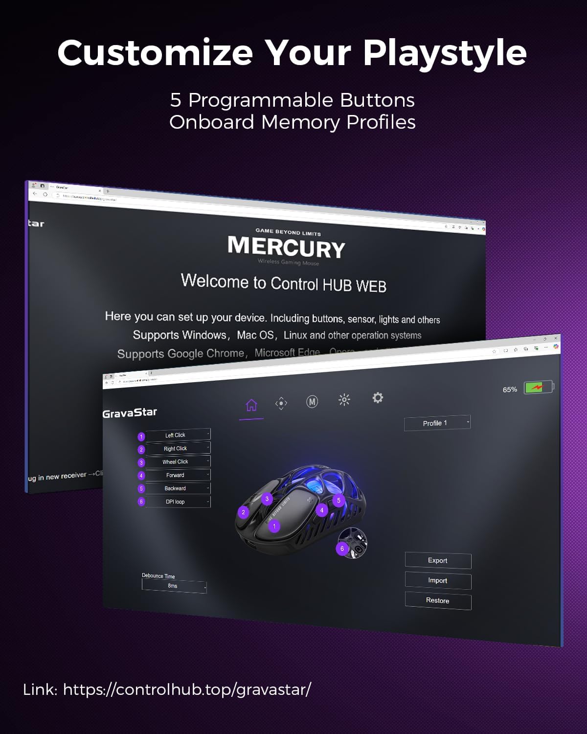 GravaStar Mercury X Wireless Gaming Mouse – 32,000 DPI PAW 3950 Sensor, 1000Hz Polling Rate, Only 49g, Magnesium Alloy Hollow Frame, RGB Lighting, 5 Programmable Buttons - ماوس أسود