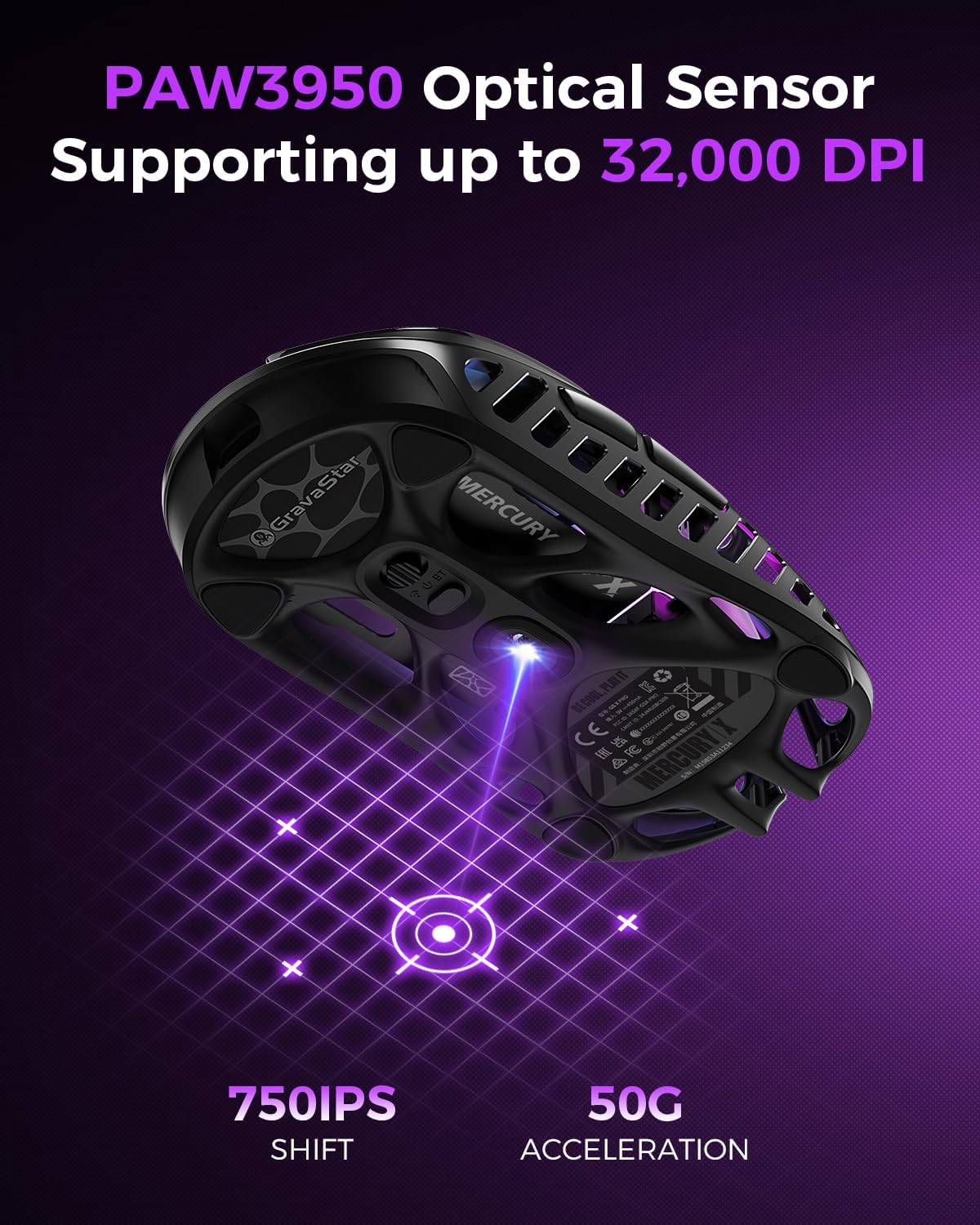 GravaStar Mercury X Wireless Gaming Mouse – 32,000 DPI PAW 3950 Sensor, 1000Hz Polling Rate, Only 49g, Magnesium Alloy Hollow Frame, RGB Lighting, 5 Programmable Buttons - ماوس أسود