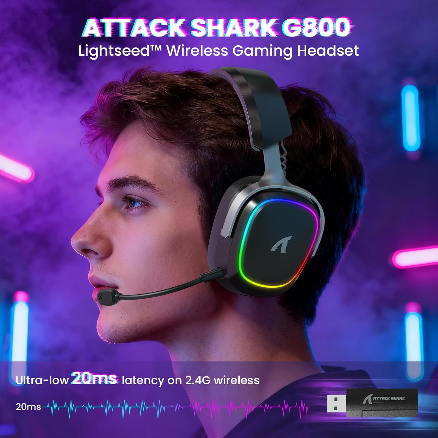 ATTACK SHARK G800 Wireless Gaming Headset, 7.1 Surround Sound Black - سماعة محيطية لا سلكية