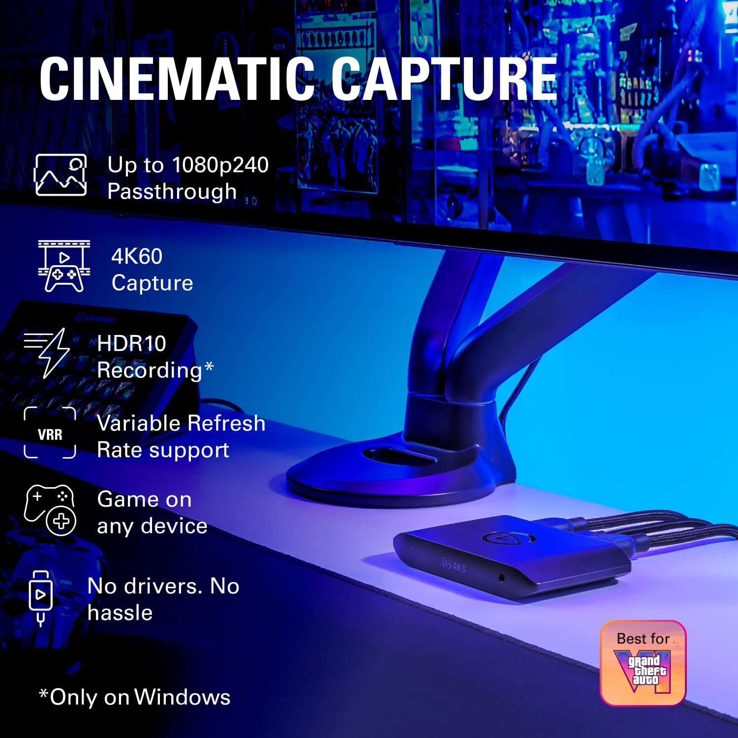 Elgato 4K S Capture Card for PS5, Xbox Series X/S, Switch 2 - 4K60, 1440p120 or 1080p240 passthrough - جهاز تسجيل أحترافي