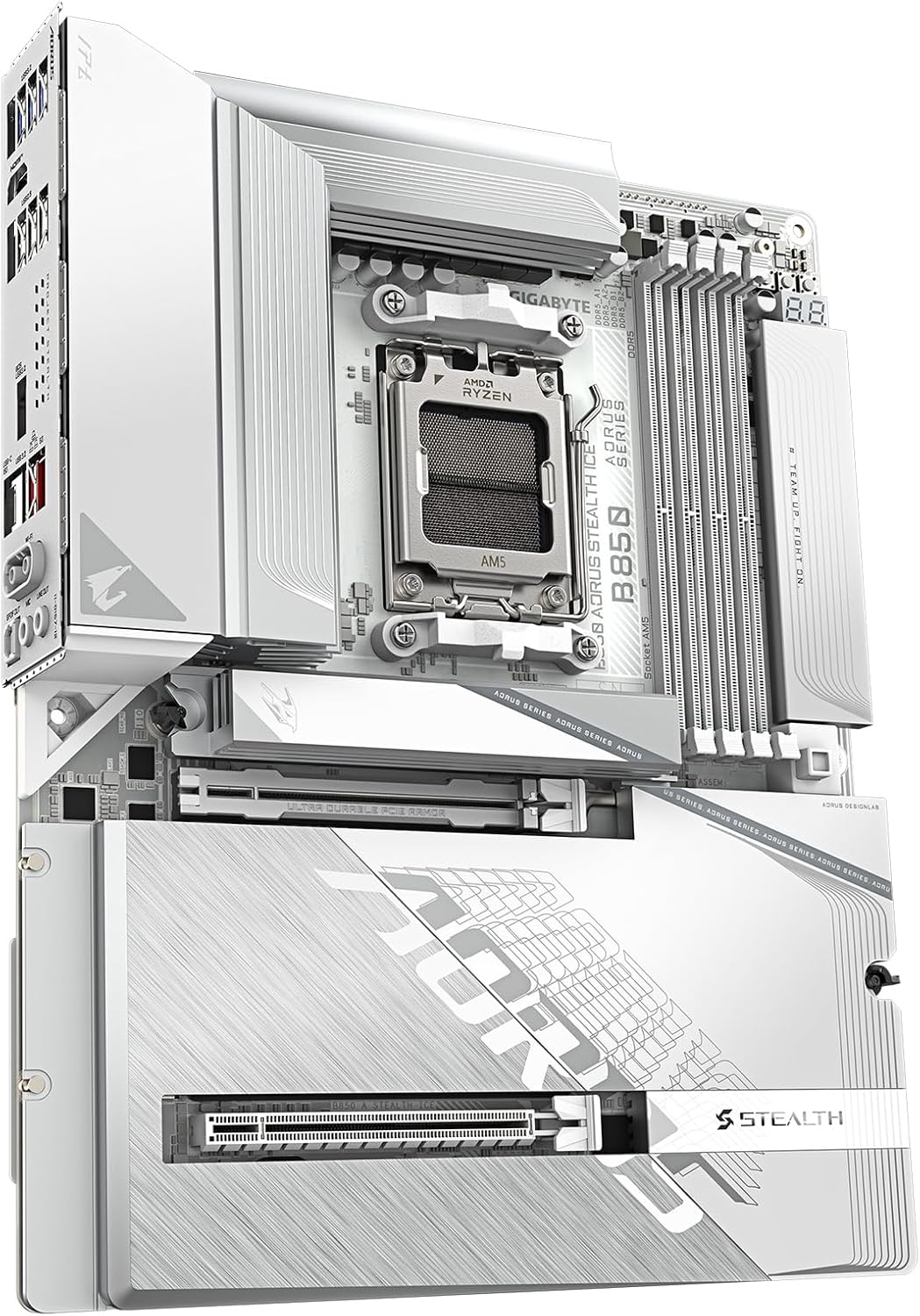 GIGABYTE B850 AORUS STEALTH ICE AM5 ATX Motherboard, AMD B850 Chipset, 4x DDR5 DIMM Slot, Up to 256GB Max Memory, 1 x PCIe 5.0 x16, 4 x M.2 Slots, Wi-Fi 7 & BT 5.4, White - الوحه الام