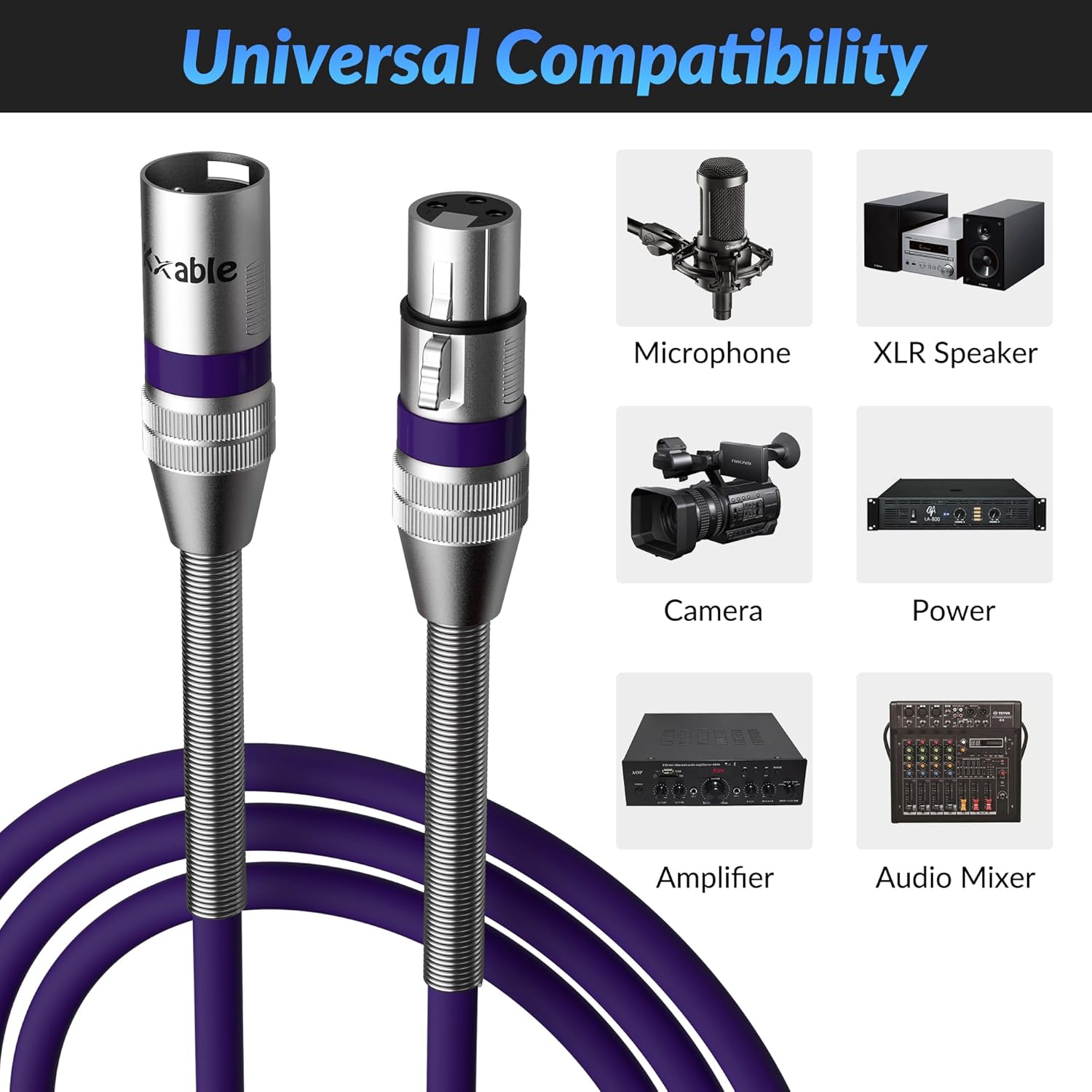 Kxable XLR Microphone Cable 8 FT (2.5M) XLR Male to Female Purple - كيبل أرجواني
