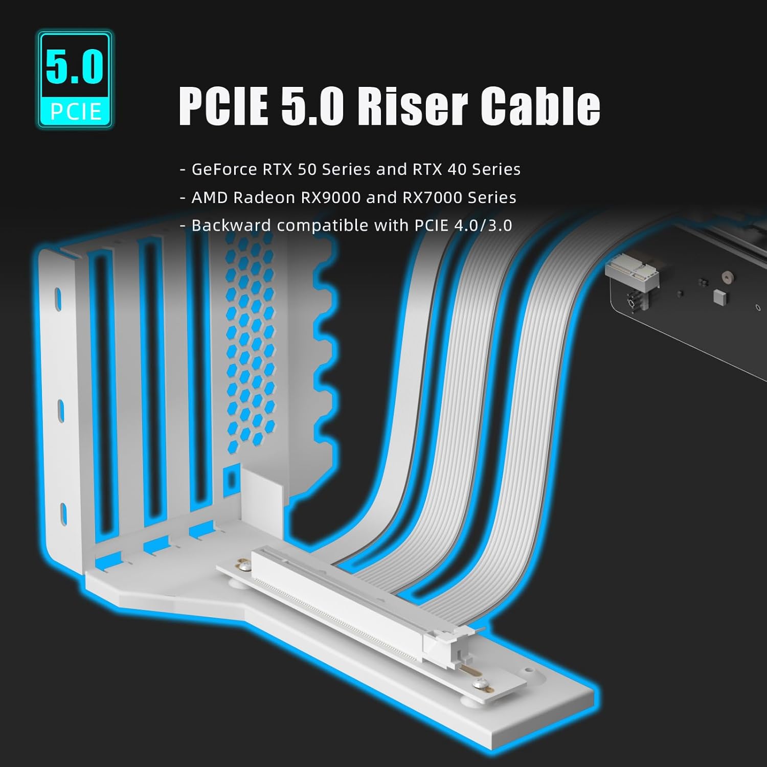 GLOTRENDS Vertical Graphics Card Support Bracket Gen 5 with 180mm PCIe 5.0 Riser Cable for 2-slot GPU Vertical Mount, White - حامل كرت شاشة أبيض