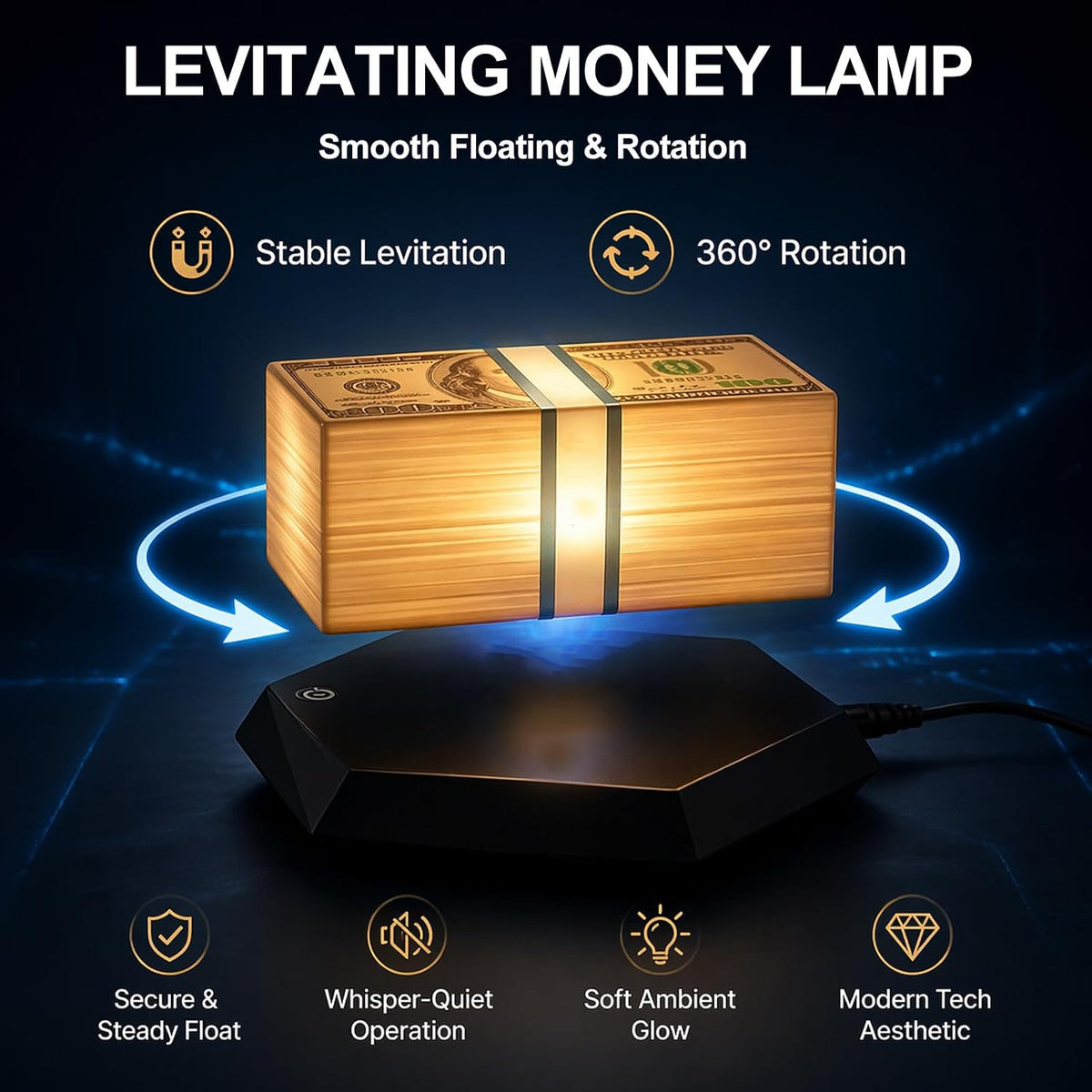 Floating Money Lamp – Magnetic Levitation Dollar Lamp with 3-Color LED Ambient Light & 360° Rotation - مصباح المال العائم