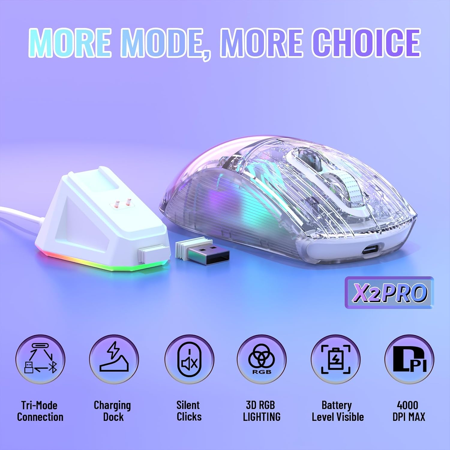 ATTACK SHARK X2 Pro Wireless Gaming Mouse with RGB Charging Dock,Tri-Mode PC Gaming Mice 2.4G/Bluetooth/Wired,Noiseless Mouse RGB Backlit,Transparent Shell,PixArt 3212 4000 DPI,for Win/MAC,White - ماوس قيمنق لاسلكي