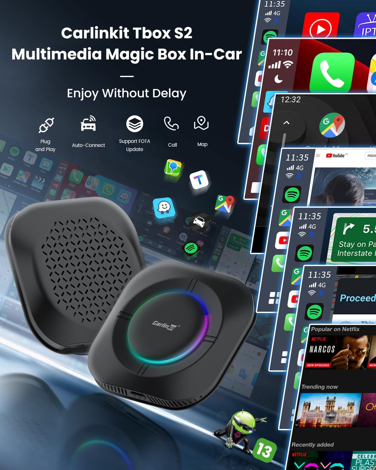 Carlinkit TBox S2 Ambient Android 13 AI Box (8GB RAM + 128GB, Qualcomm 8-Core, RGB Lighting, Wireless CarPlay & Android Auto) - قطعة تحويل شاشة الوكالة الى شاشة الاندرويد