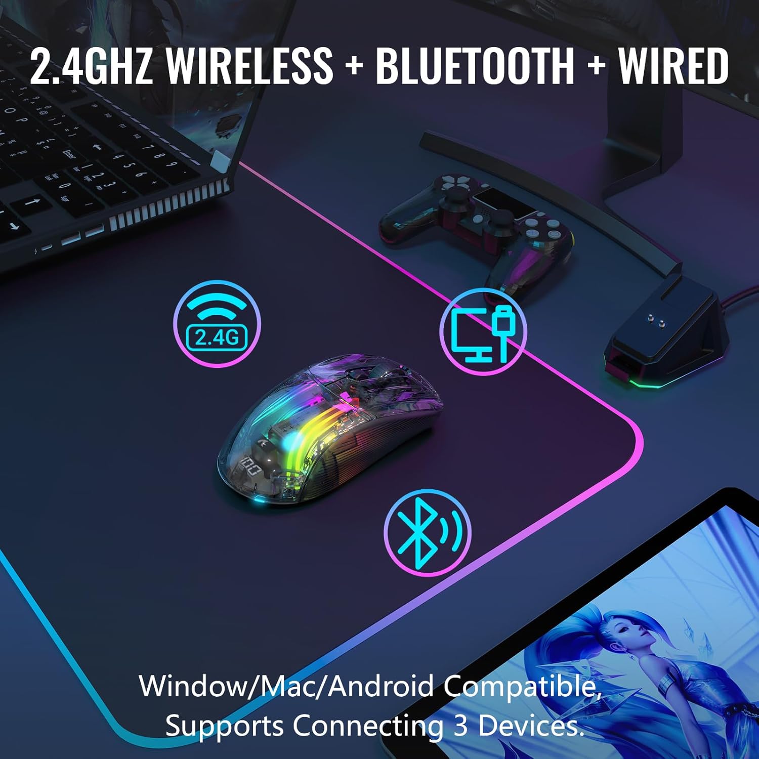 ATTACK SHARK X2 Pro Wireless Gaming Mouse with RGB Charging Dock,Tri-Mode PC Gaming Mice 2.4G/Bluetooth/Wired,Noiseless Mouse RGB Backlit,Transparent Shell,PixArt 3212 4000 DPI,for Win/MAC,Black - ماوس قيمنق