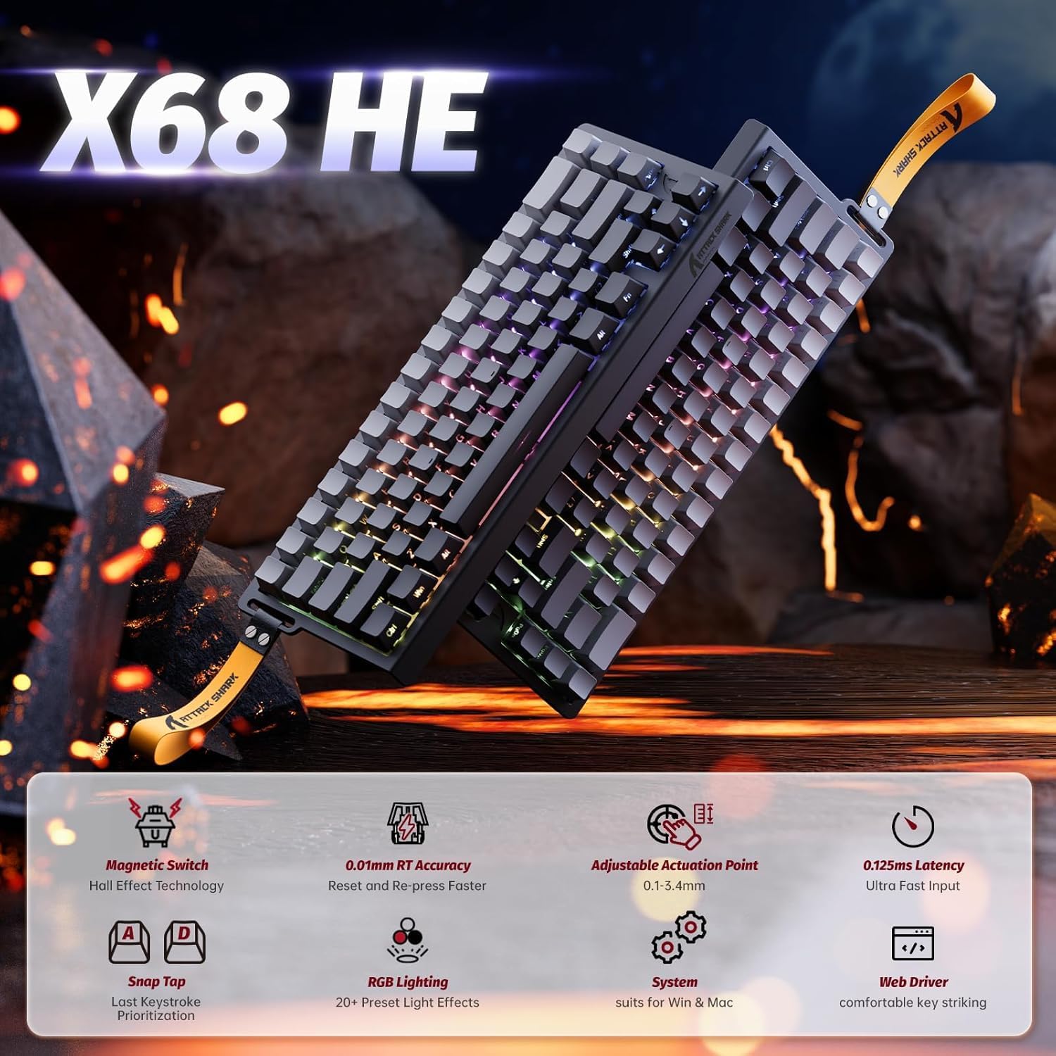 ATTACK SHARK X68 HE Moonlight Rapid Trigger 60% Keyboard Magnetic Switch Black Gradient - كيبورد مغناطيسي
