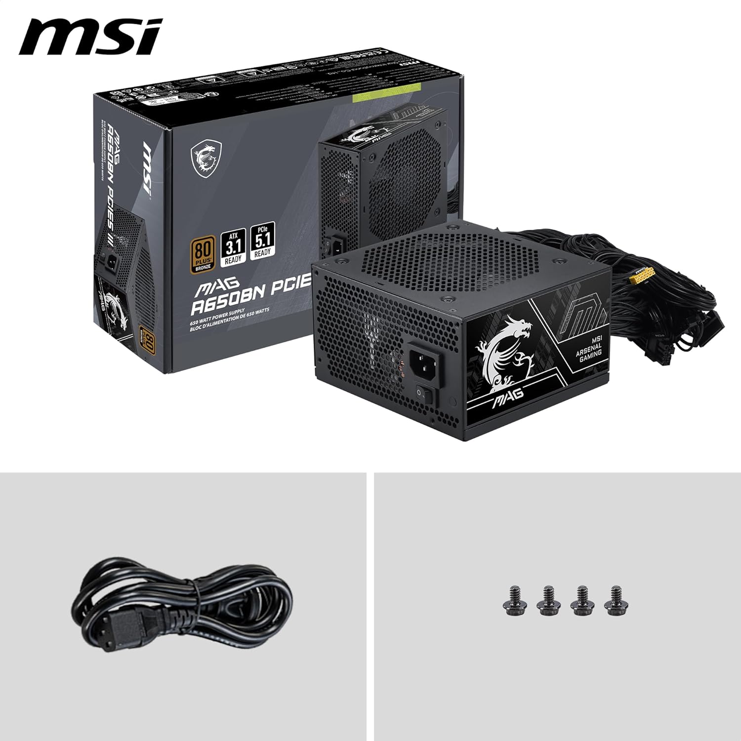 MSI MAG A650BN PCIE5 III, Non Modular Gaming 650W Power Supply, 80+ Bronze, Dual 12V-2x6 Cables, Server-Grade Capacitor, ATX 3.1 & PCIe 5.1 Ready, Low-Noise, Semi Digital - مزود طاقه