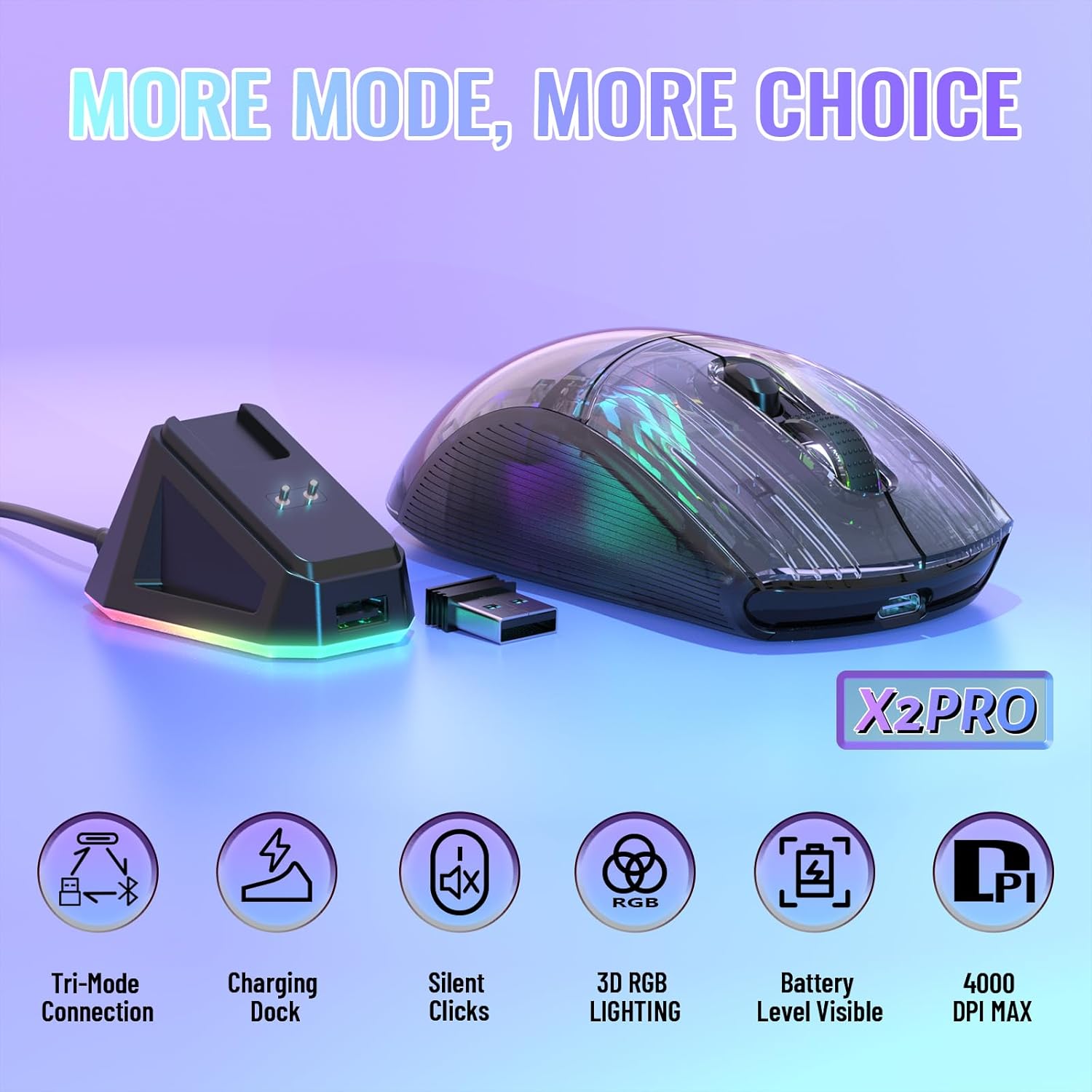 ATTACK SHARK X2 Pro Wireless Gaming Mouse with RGB Charging Dock,Tri-Mode PC Gaming Mice 2.4G/Bluetooth/Wired,Noiseless Mouse RGB Backlit,Transparent Shell,PixArt 3212 4000 DPI,for Win/MAC,Black - ماوس قيمنق