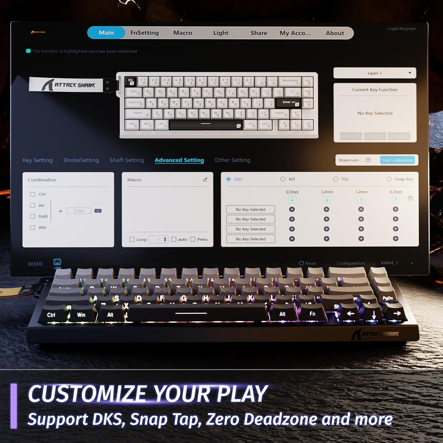 ATTACK SHARK X68 HE Moonlight Rapid Trigger 60% Keyboard Magnetic Switch Black Gradient - كيبورد مغناطيسي
