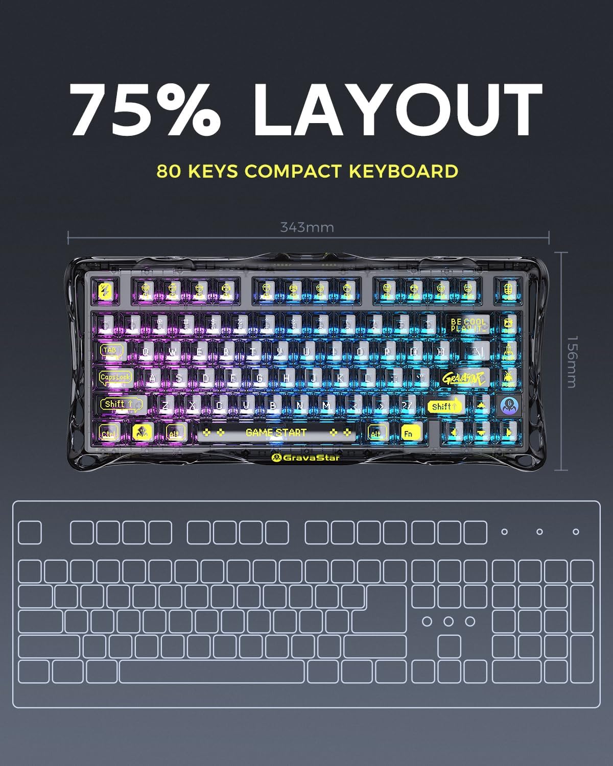 GravaStar Mercury K1 Lite 75% Gaming Keyboard, 2.4GHz/BT/Wired Tri-Mode Wireless Keyboard, Gasket Hot Swappable Mechanical Keyboard, Pre-lubed Linear Switches, RGB Backlit (Transparent Black)-كيبورد وايرليس
