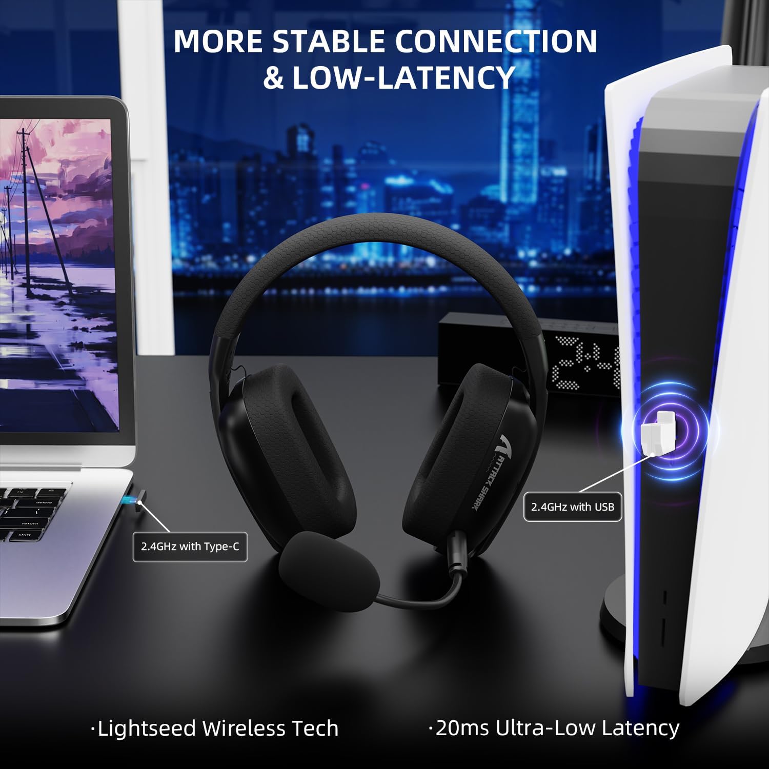 ATTACK SHARK L80PRO Wireless Gaming Headset Lightseed Tech- Built-in & Detachable Dual Microphone-Lightweight Headphone with Tri-Mode(2.4GHz USB C&A Dongle/BT/Wired)-for PC Mac Switch Win-Black - سماعة قيمنق وايرليس