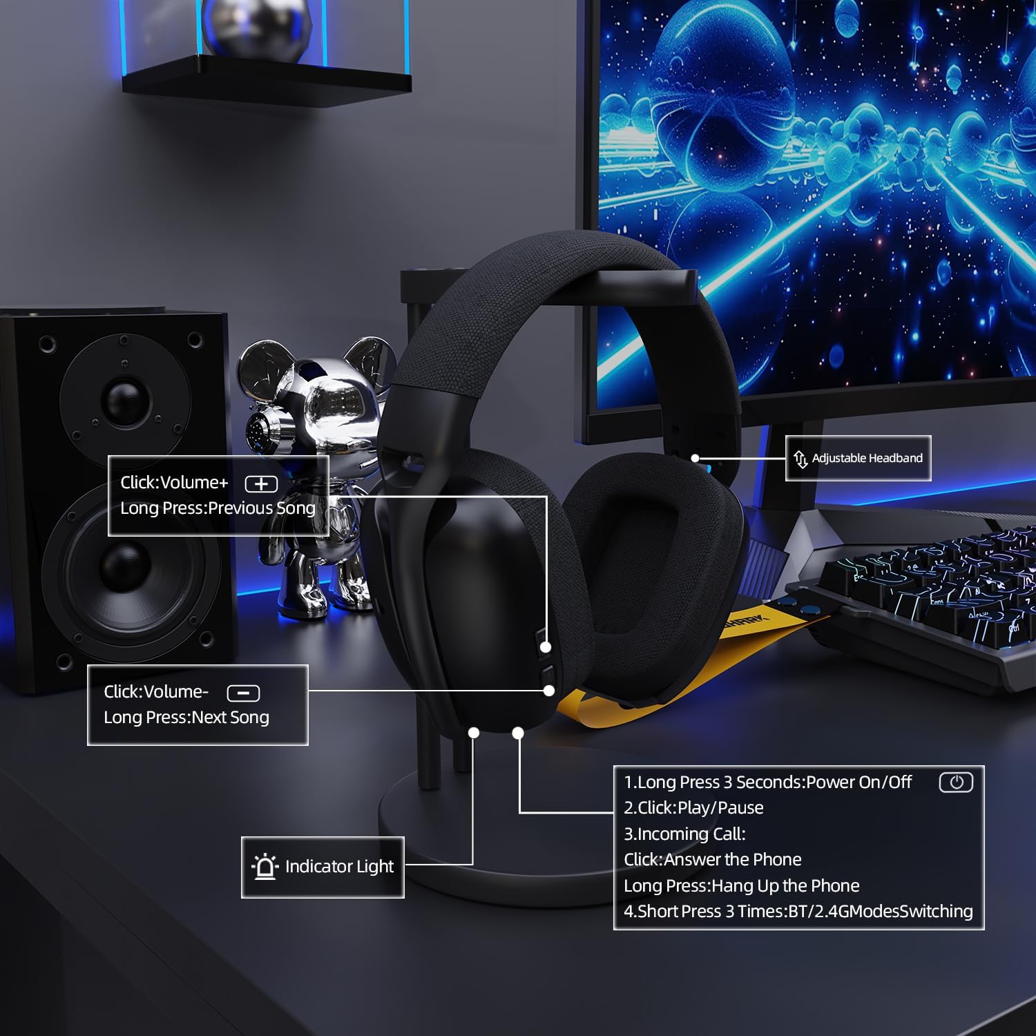ATTACK SHARK L80PRO Wireless Gaming Headset Lightseed Tech- Built-in & Detachable Dual Microphone-Lightweight Headphone with Tri-Mode(2.4GHz USB C&A Dongle/BT/Wired)-for PC Mac Switch Win-Black - سماعة قيمنق وايرليس