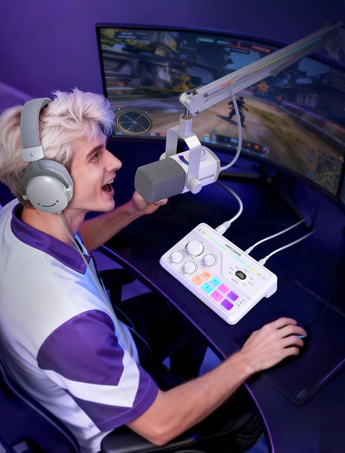 FIFINE AmpliGame SC8 Gaming Audio Mixer with RGB for PC and PS4, White - مكسر صوت
