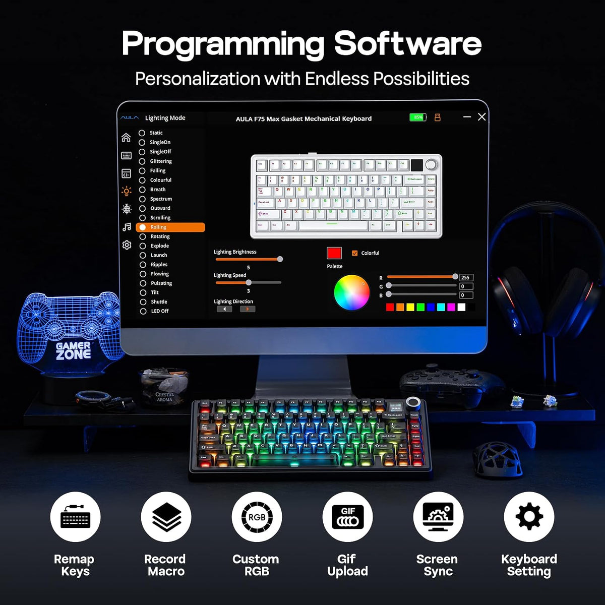 EPOMAKER x AULA F75 MAX Wireless Mechanical Keyboard (Black) – 75% Gasket Mount, Tri-Mode, Hot-Swappable & RGB Metal Knob - كيبورد ميكانيكي مع شاشة