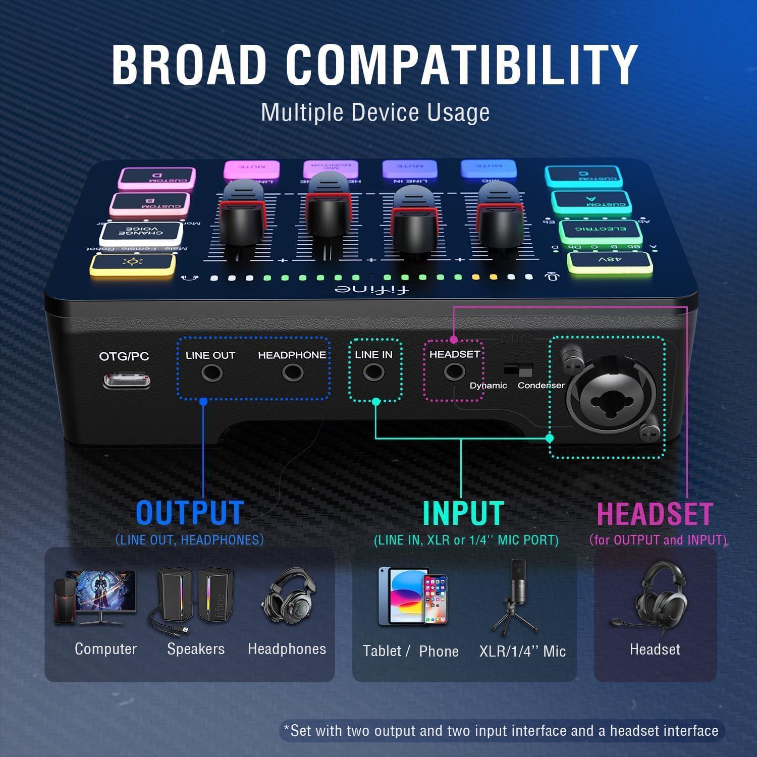 FIFINE AmpliGame SC3 Gaming Audio Mixer, Streaming RGB PC Mixer