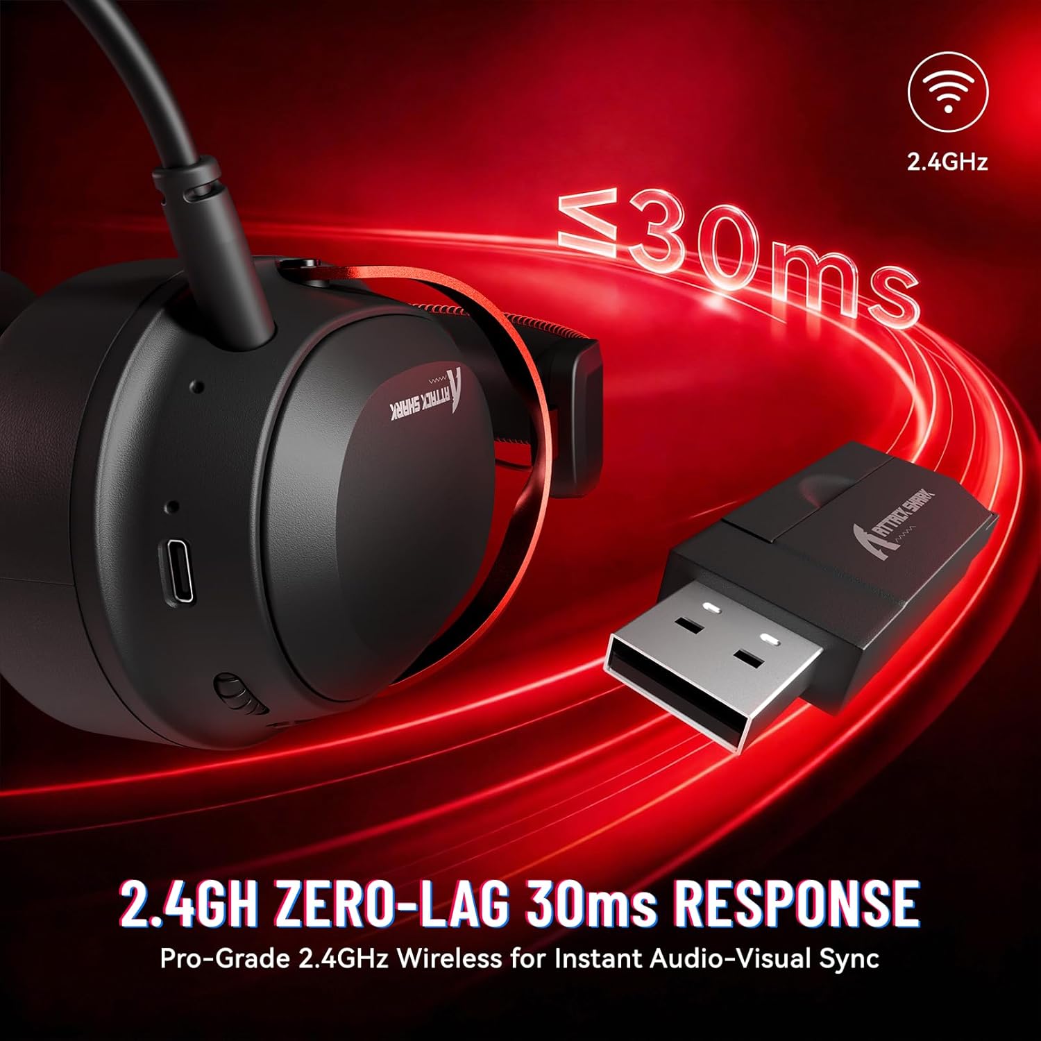 ATTACK SHARK L30PRO Wireless Gaming Headset, 7.1 Surround Sound Black Red - سماعة محيطية لا سلكية