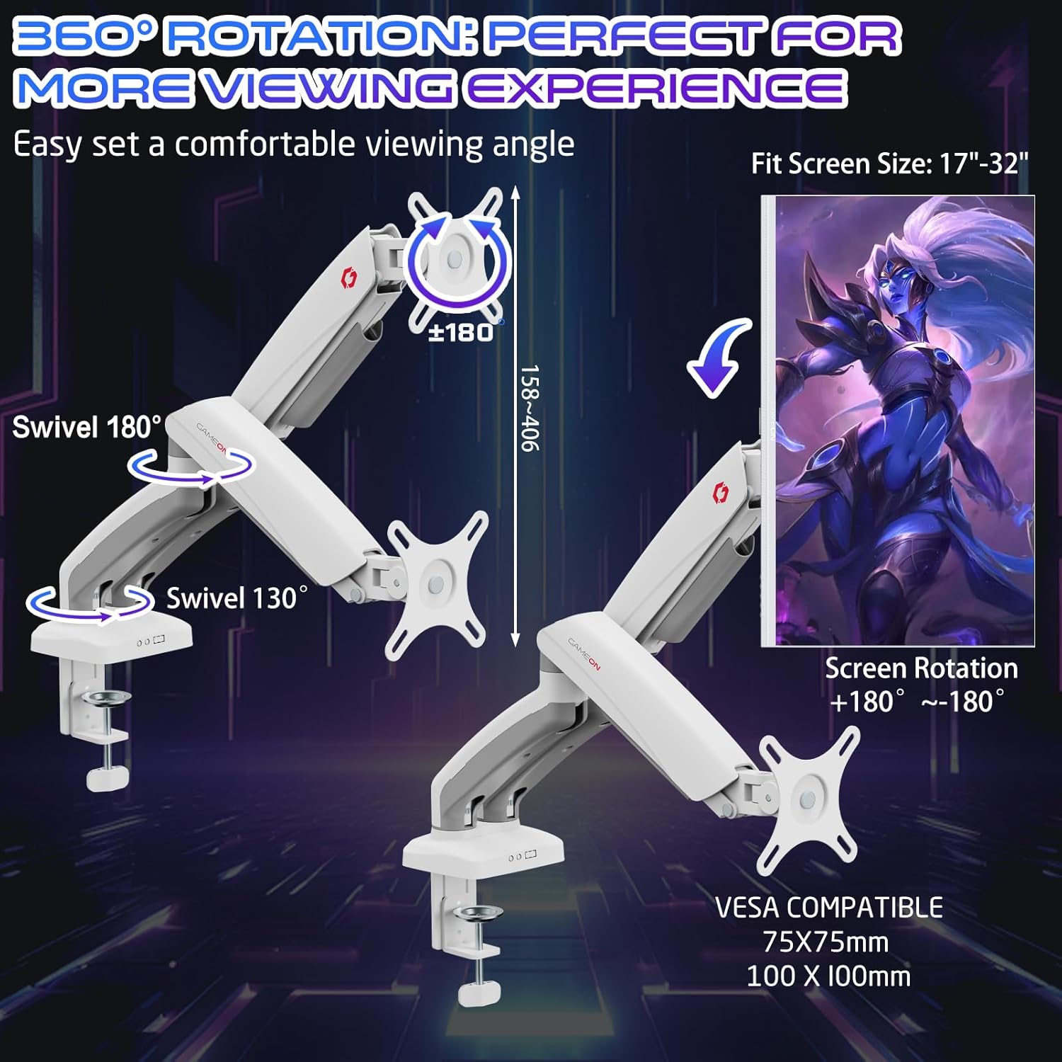 GAMEON GO-5450 Mechanical Spring Monitor Dual Arm, 360 Degree Rotation, 17