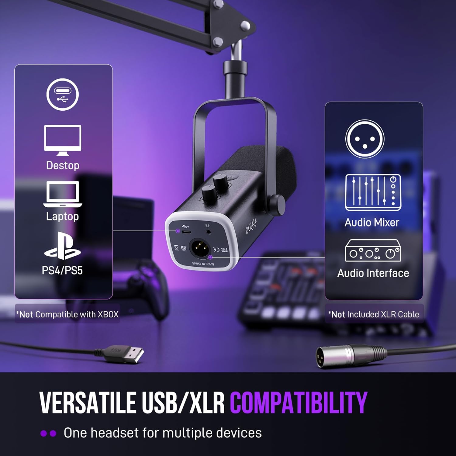 FIFINE XLR/USB Gaming Microphone Set, Dynamic PC Mic for Streaming Podcasting, Computer RGB Mic Kit with Boom Arm Stand, Mute Button, Headphones Jack, for Recording Vocal Voice-Over-AmpliGame AM8T - مايك مع ستاند