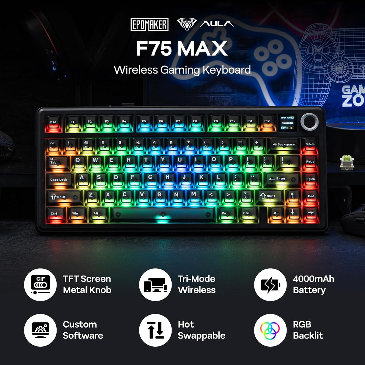 EPOMAKER x AULA F75 MAX Wireless Mechanical Keyboard (Black) – 75% Gasket Mount, Tri-Mode, Hot-Swappable & RGB Metal Knob - كيبورد ميكانيكي مع شاشة